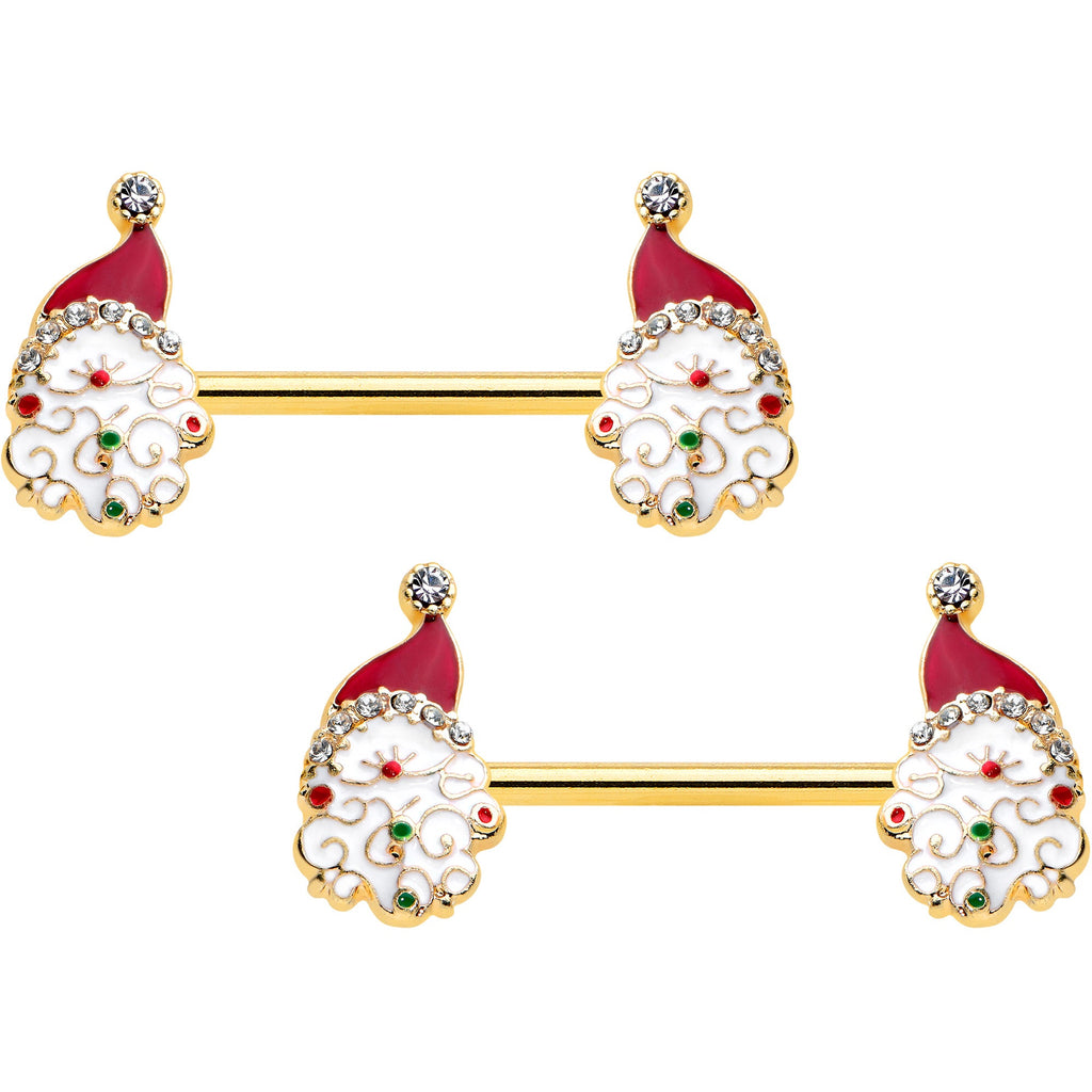 BodyCandy 14G 1/2 Clear Gem Gold Tone Decorated Santa Barbell Nipple Ring Set — main product shot