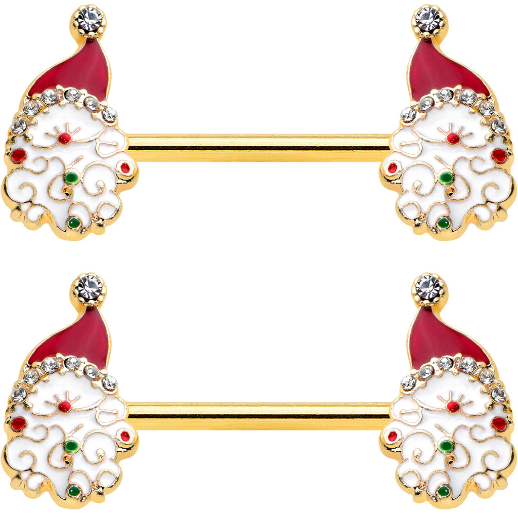 BodyCandy 14G 1/2 Clear Gem Gold Tone Decorated Santa Barbell Nipple Ring Set — detail close-up