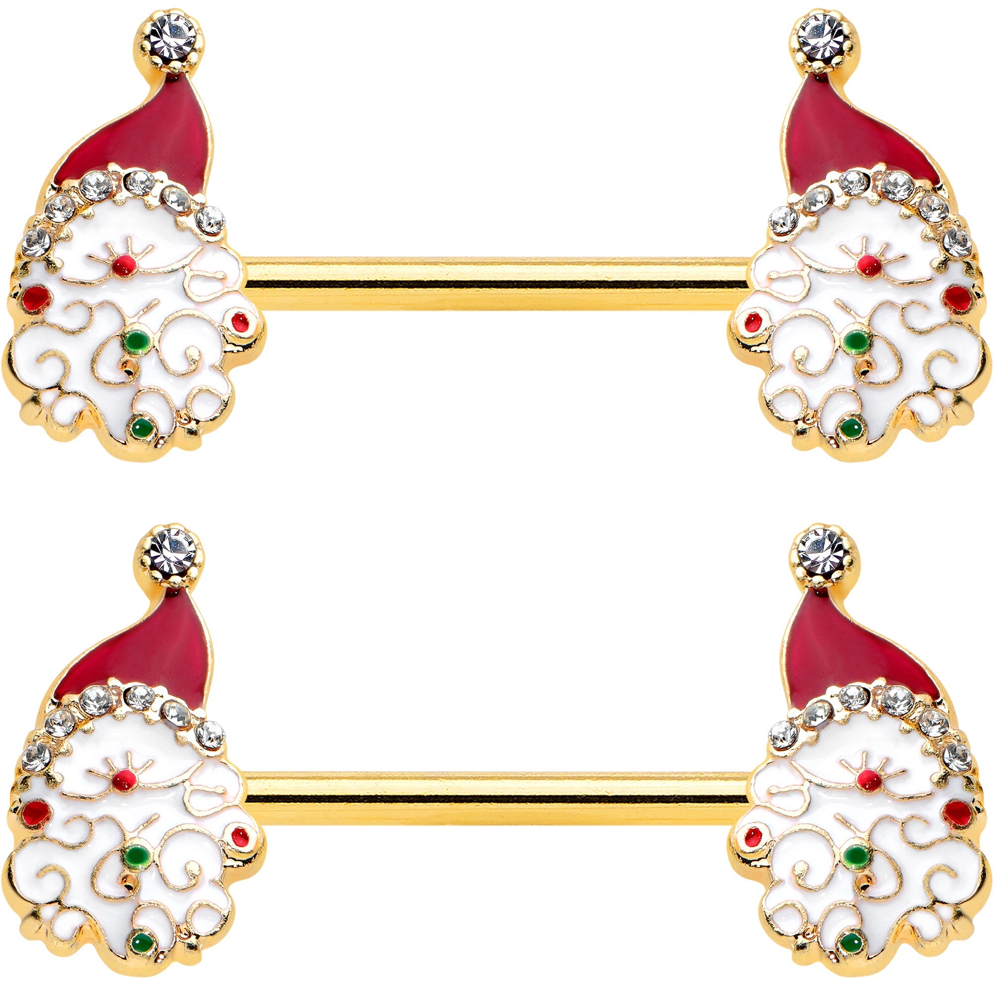 BodyCandy 14G 1/2 Clear Gem Gold Tone Decorated Santa Barbell Nipple Ring Set — detail close-up
