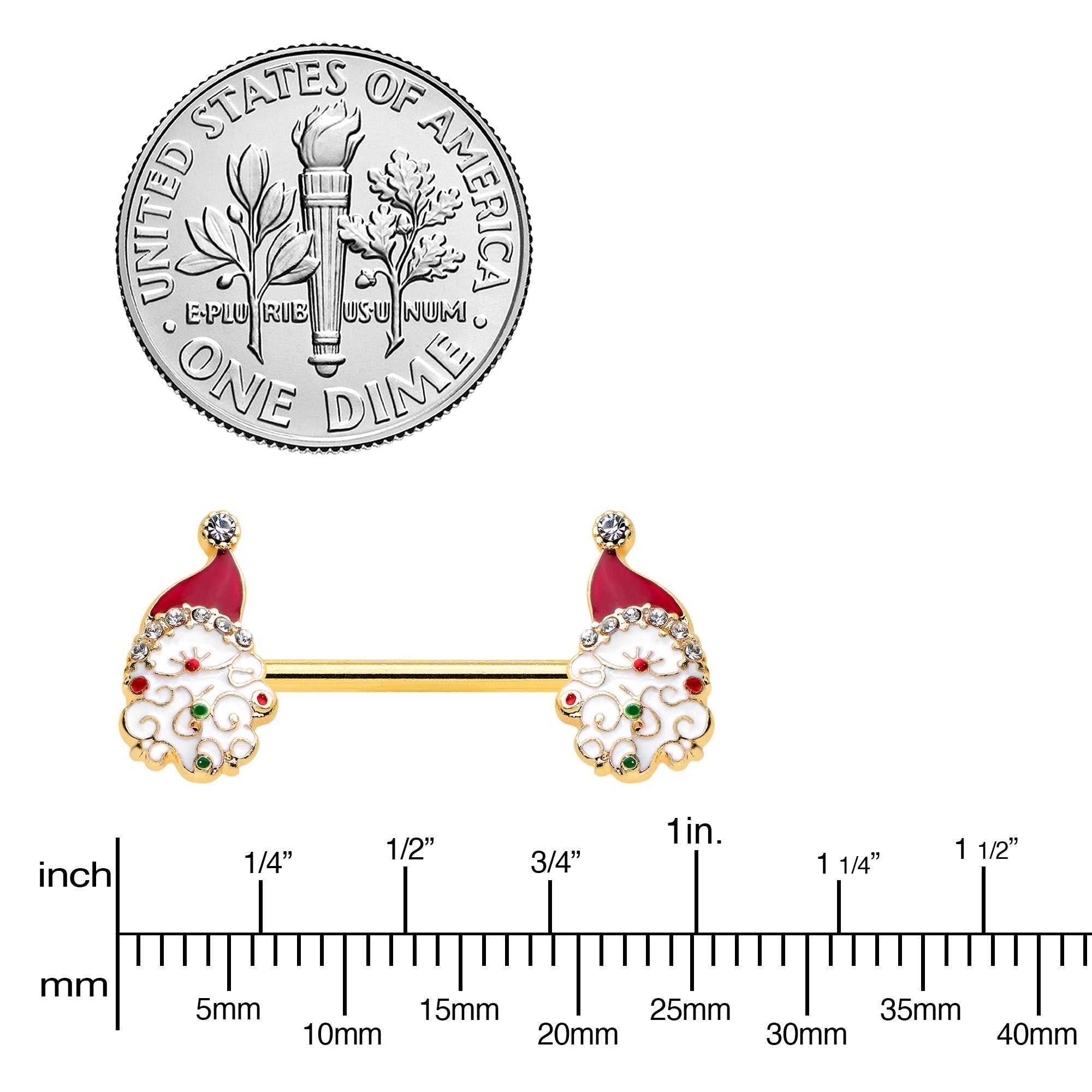 BodyCandy 14G 1/2 Clear Gem Gold Tone Decorated Santa Barbell Nipple Ring Set — lifestyle context