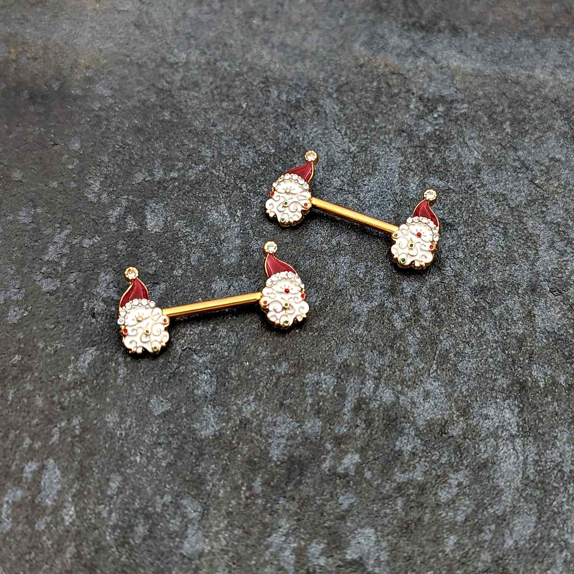 BodyCandy 14G 1/2 Clear Gem Gold Tone Decorated Santa Barbell Nipple Ring Set — side view
