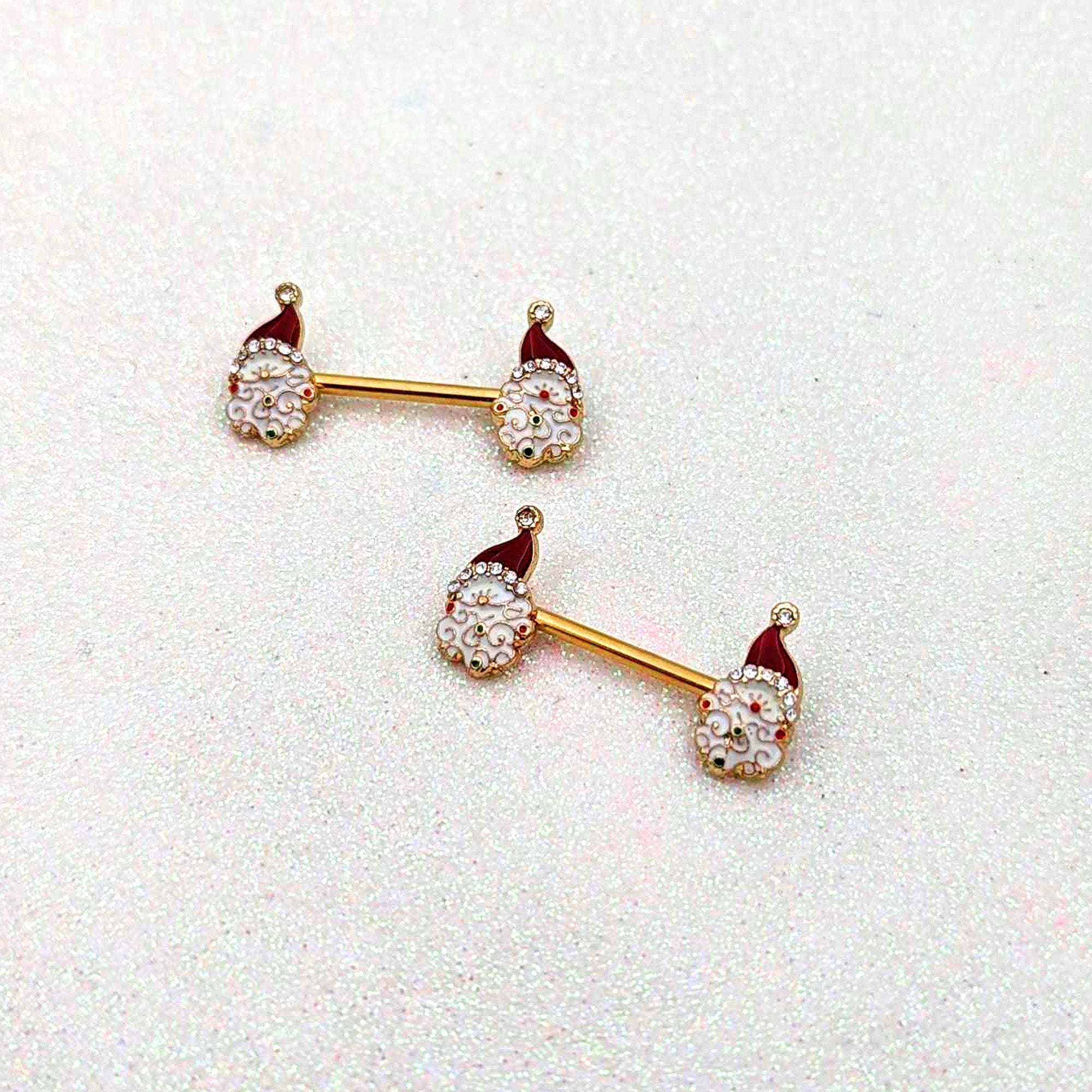 BodyCandy 14G 1/2 Clear Gem Gold Tone Decorated Santa Barbell Nipple Ring Set — back view