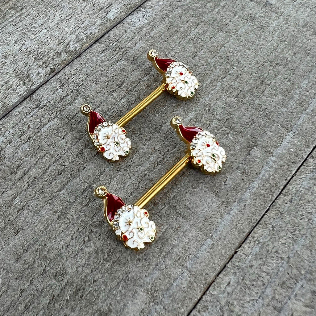 BodyCandy 14G 1/2 Clear Gem Gold Tone Decorated Santa Barbell Nipple Ring Set — alternative angle