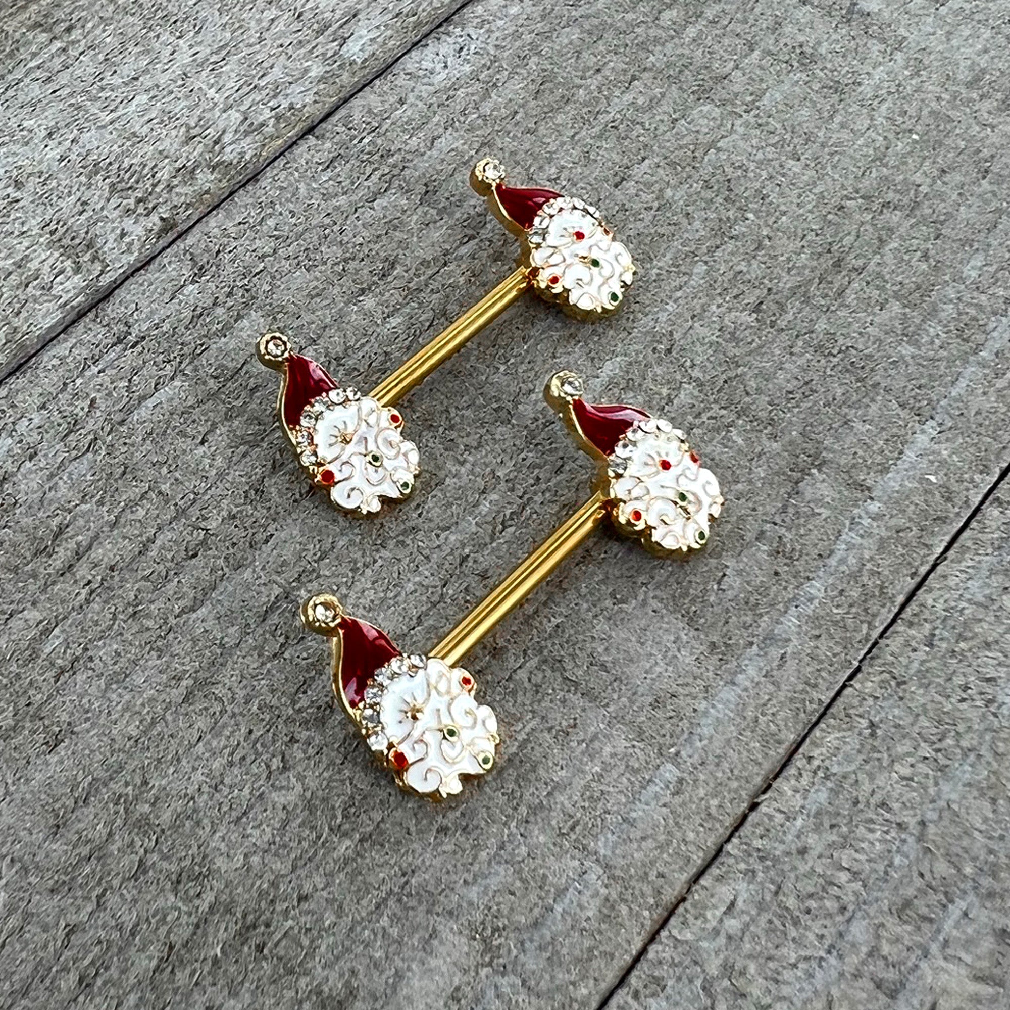 BodyCandy 14G 1/2 Clear Gem Gold Tone Decorated Santa Barbell Nipple Ring Set — alternative angle