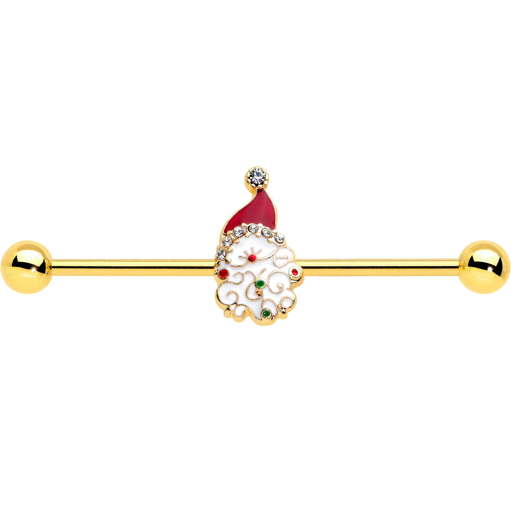 BodyCandy 14G Clear Gem Gold Tone Decorated Santa Holiday Industrial Barbell 38mm — detail close-up