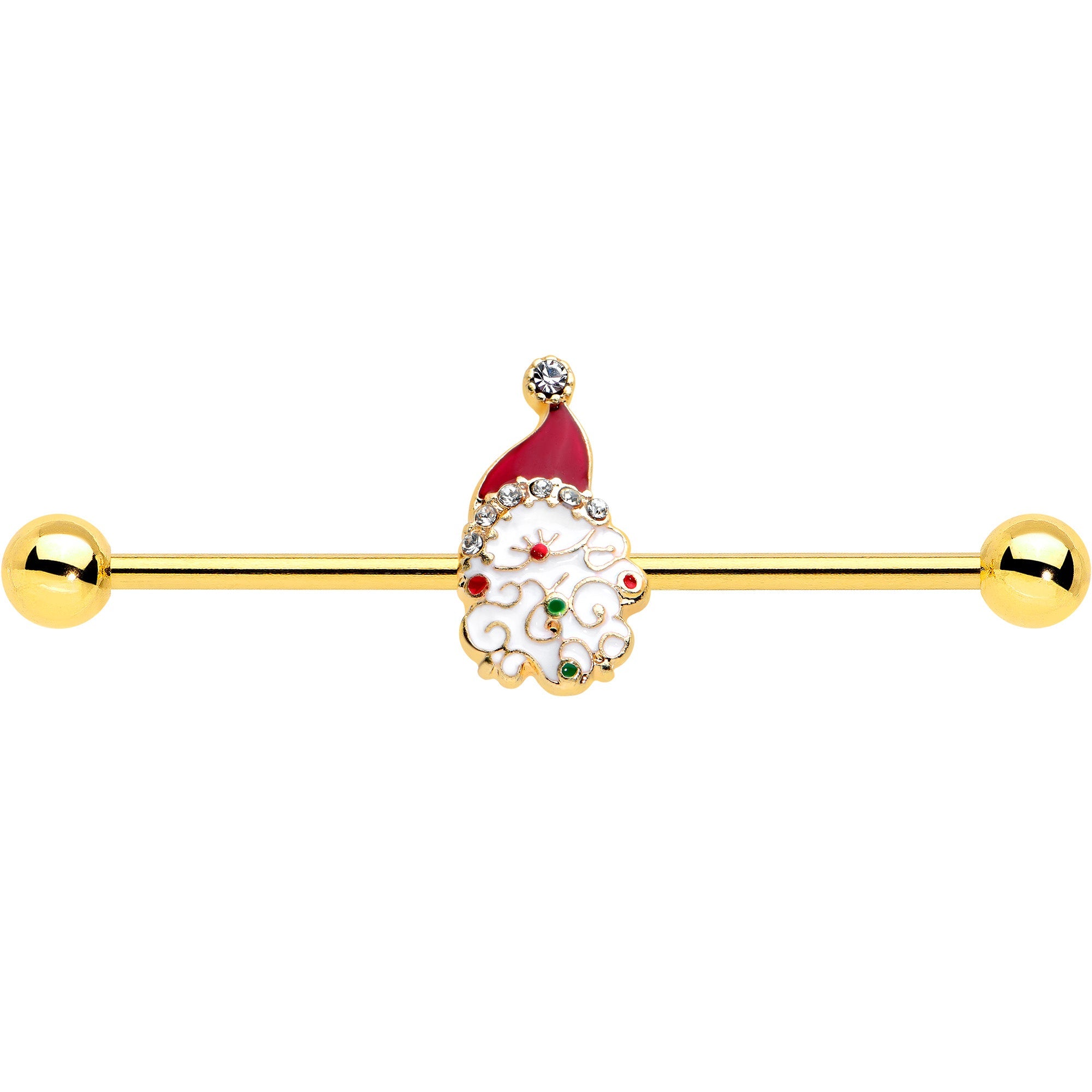 BodyCandy 14G Clear Gem Gold Tone Decorated Santa Holiday Industrial Barbell 38mm — detail close-up