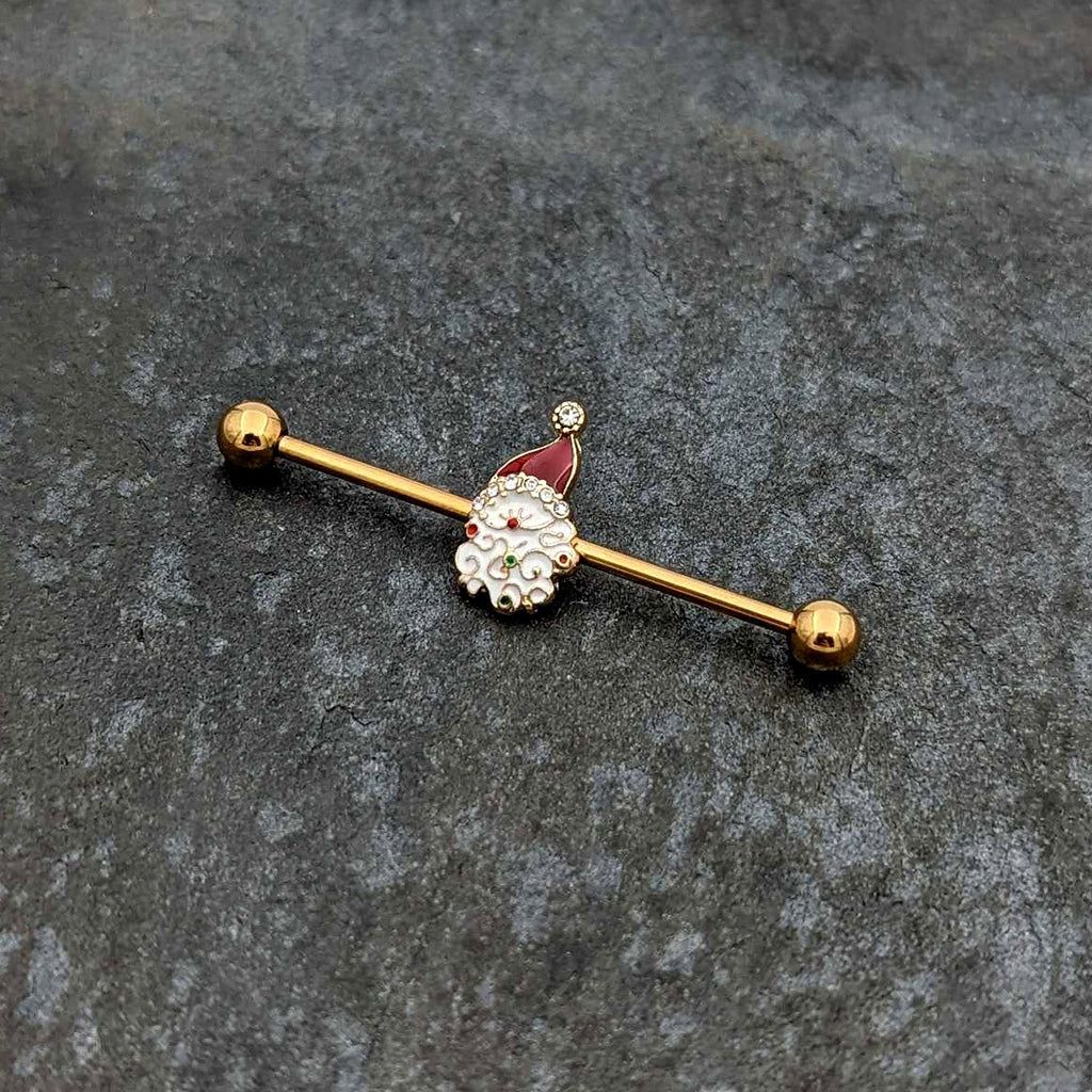 BodyCandy 14G Clear Gem Gold Tone Decorated Santa Holiday Industrial Barbell 38mm — side view