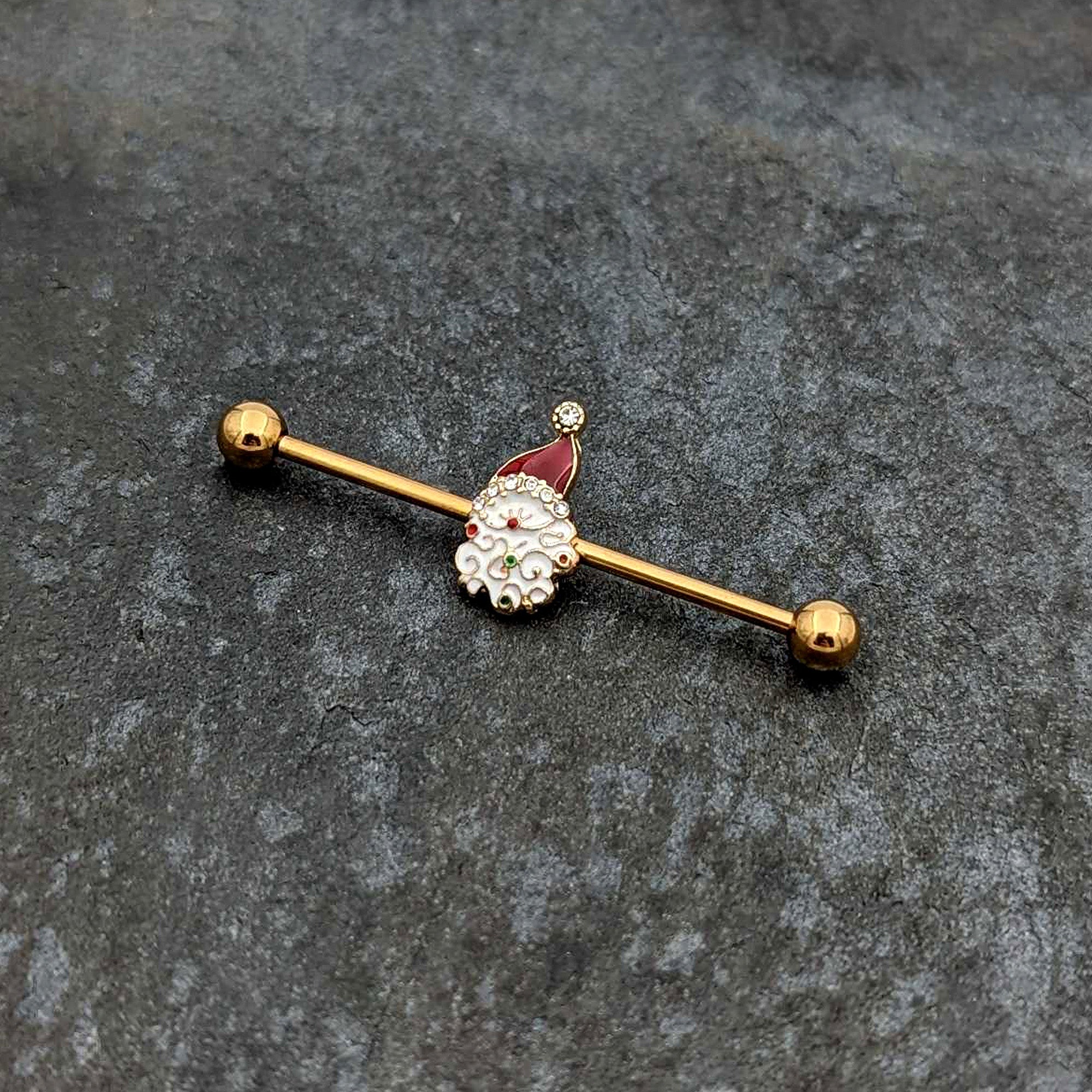 BodyCandy 14G Clear Gem Gold Tone Decorated Santa Holiday Industrial Barbell 38mm — side view