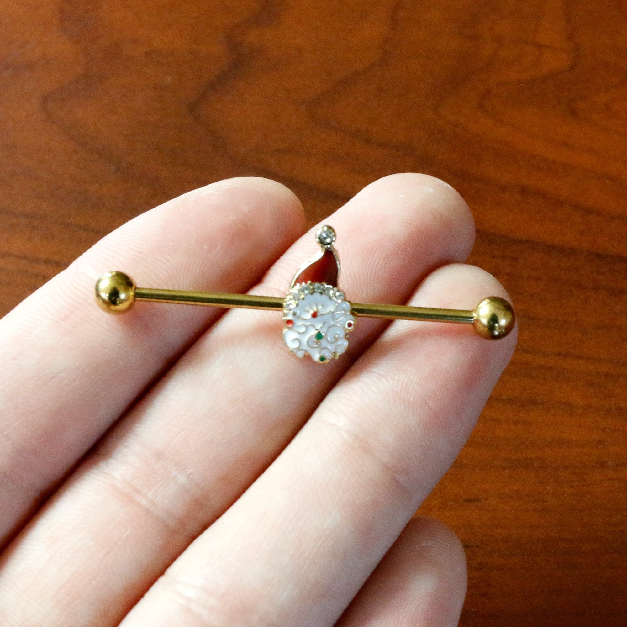 BodyCandy 14G Clear Gem Gold Tone Decorated Santa Holiday Industrial Barbell 38mm — in-use photo