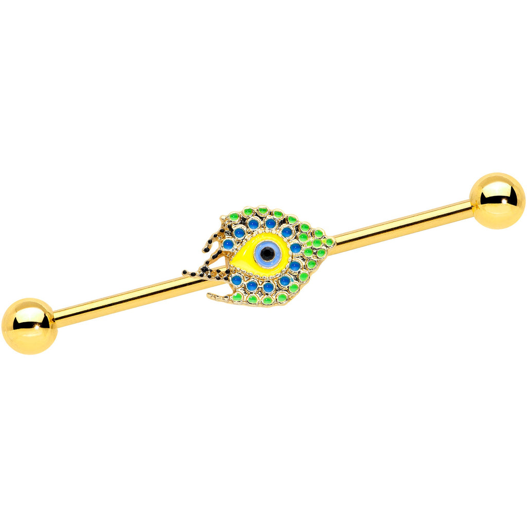 BodyCandy 14G Gold Tone Bold Peacock Feather Industrial Barbell 38mm — main product shot