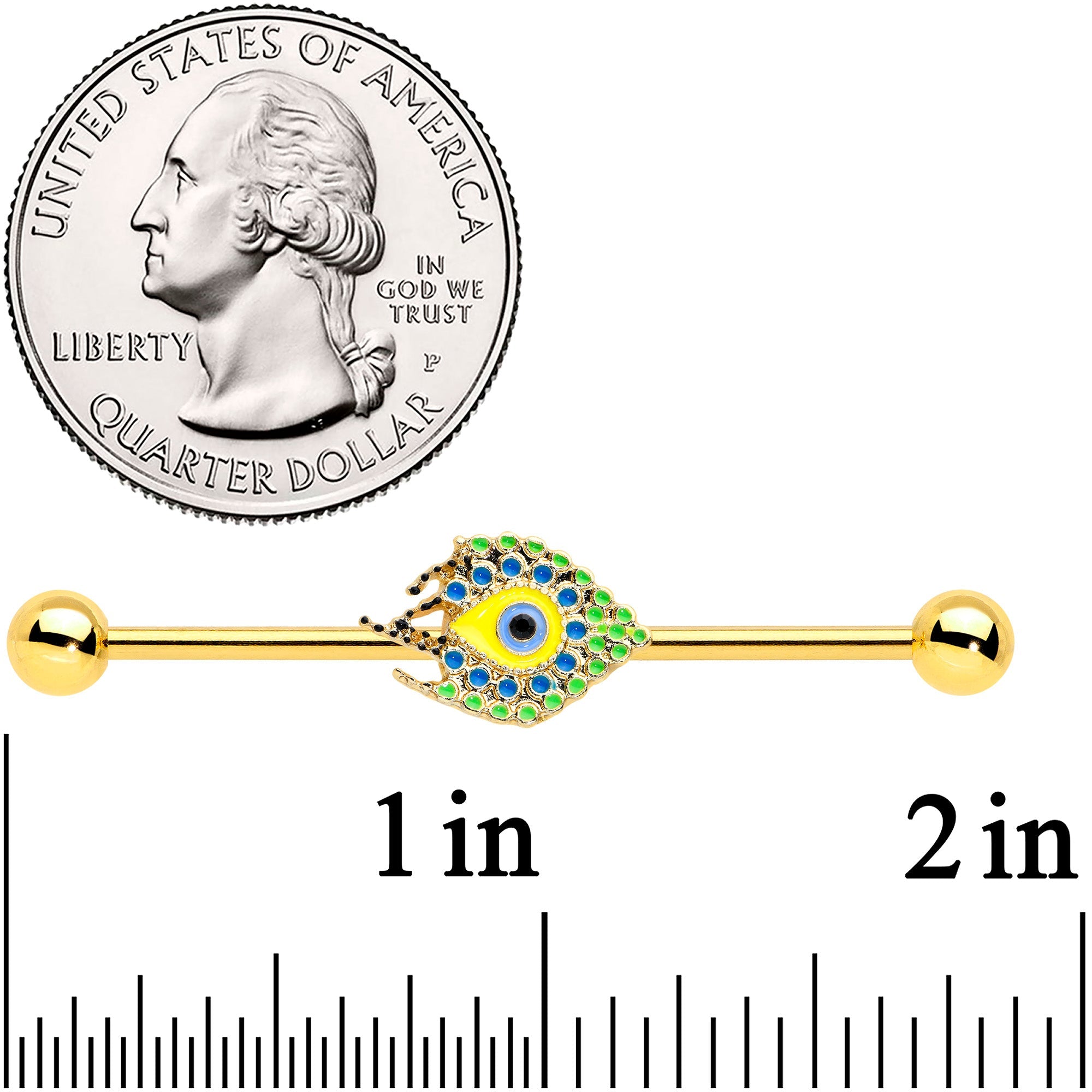 BodyCandy 14G Gold Tone Bold Peacock Feather Industrial Barbell 38mm — detail close-up