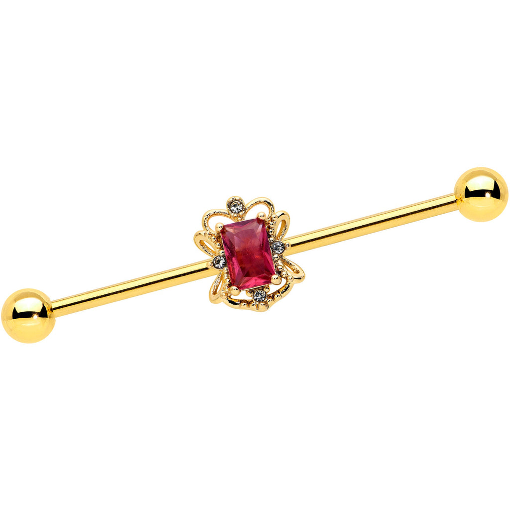 BodyCandy 14G Red Gem Gold Tone Regal Escutcheon Industrial Barbell 38mm — main product shot