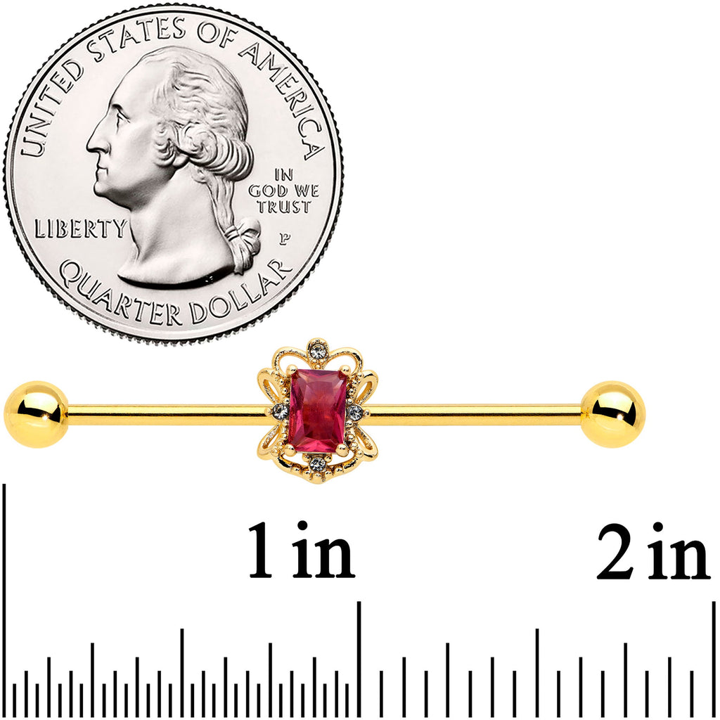 BodyCandy 14G Red Gem Gold Tone Regal Escutcheon Industrial Barbell 38mm — detail close-up