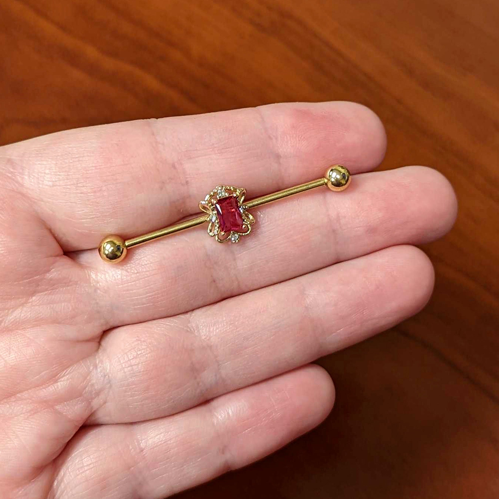 BodyCandy 14G Red Gem Gold Tone Regal Escutcheon Industrial Barbell 38mm — lifestyle context