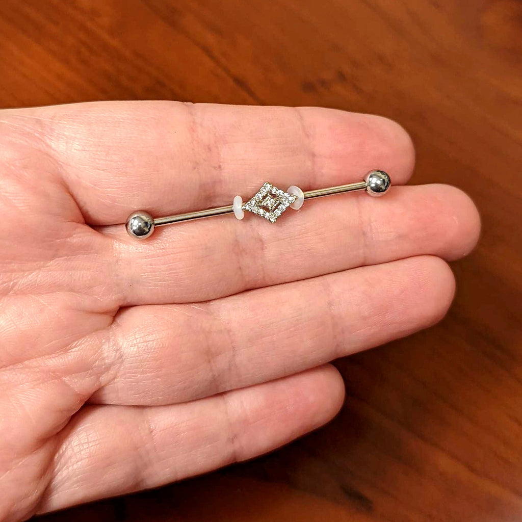 BodyCandy 14G Clear Gem Double Rhombus Deco Industrial Barbell 38mm — lifestyle context