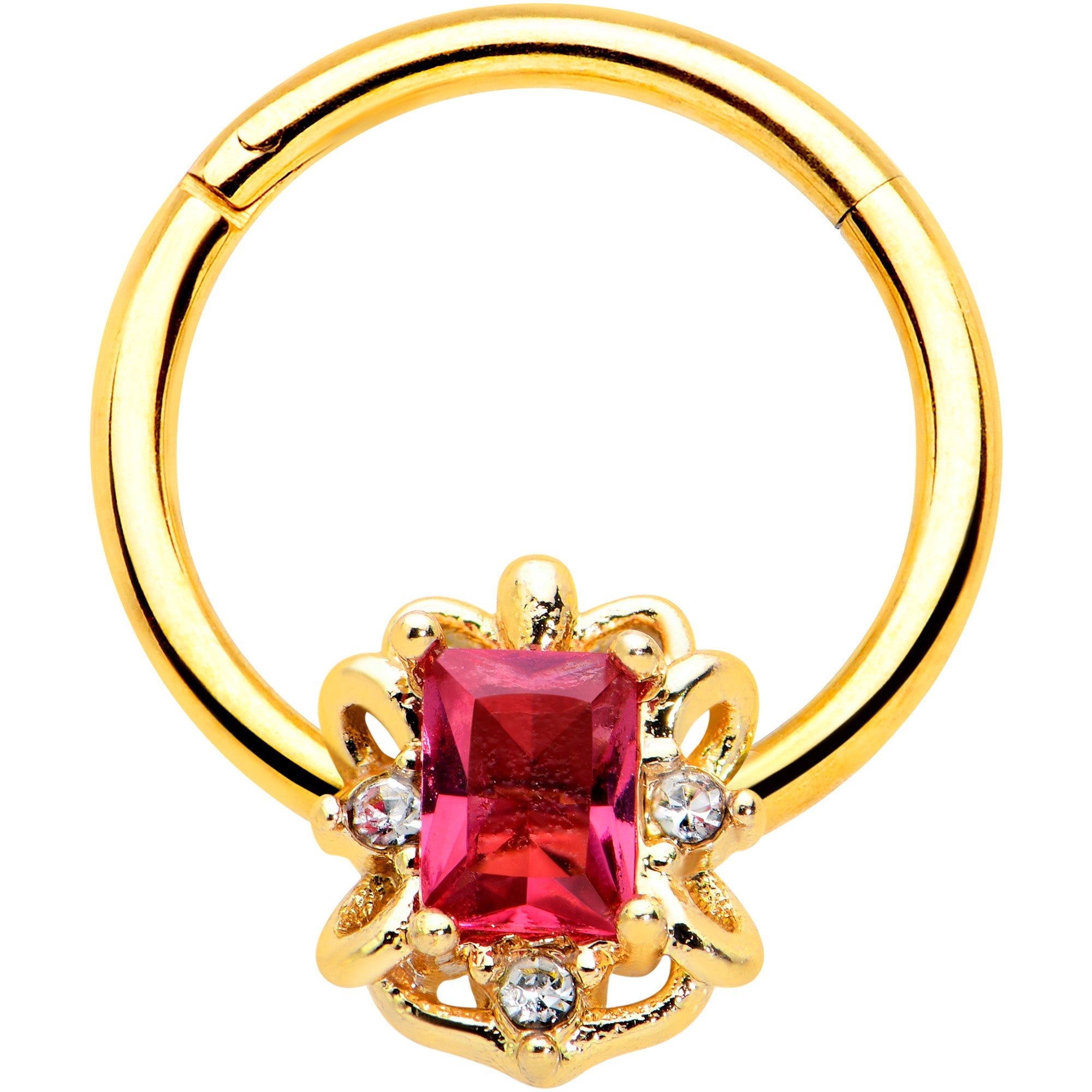 BodyCandy 16G 3/8 Clear Pink Gem Gold Tone Open Oblong Hinged Segment Ring — main product shot