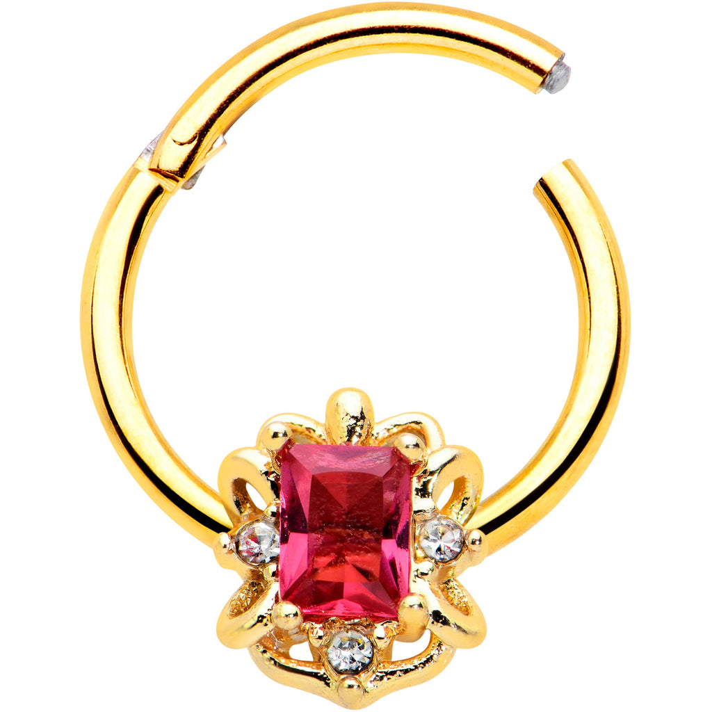BodyCandy 16G 3/8 Clear Pink Gem Gold Tone Open Oblong Hinged Segment Ring — detail close-up