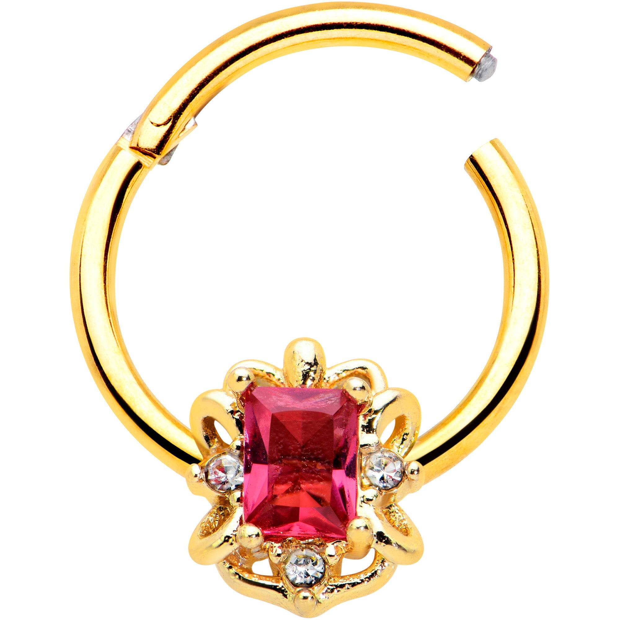 BodyCandy 16G 3/8 Clear Pink Gem Gold Tone Open Oblong Hinged Segment Ring — detail close-up