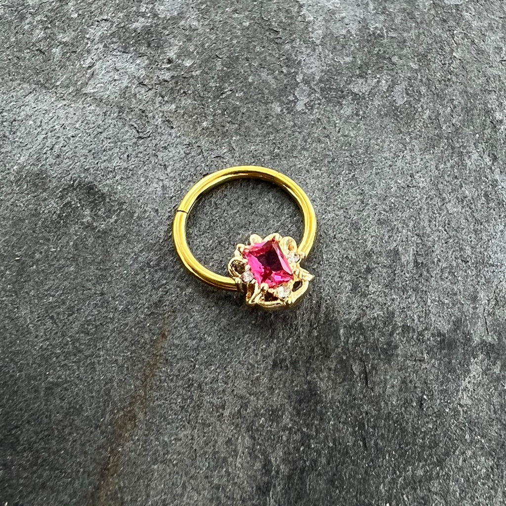 BodyCandy 16G 3/8 Clear Pink Gem Gold Tone Open Oblong Hinged Segment Ring — side view