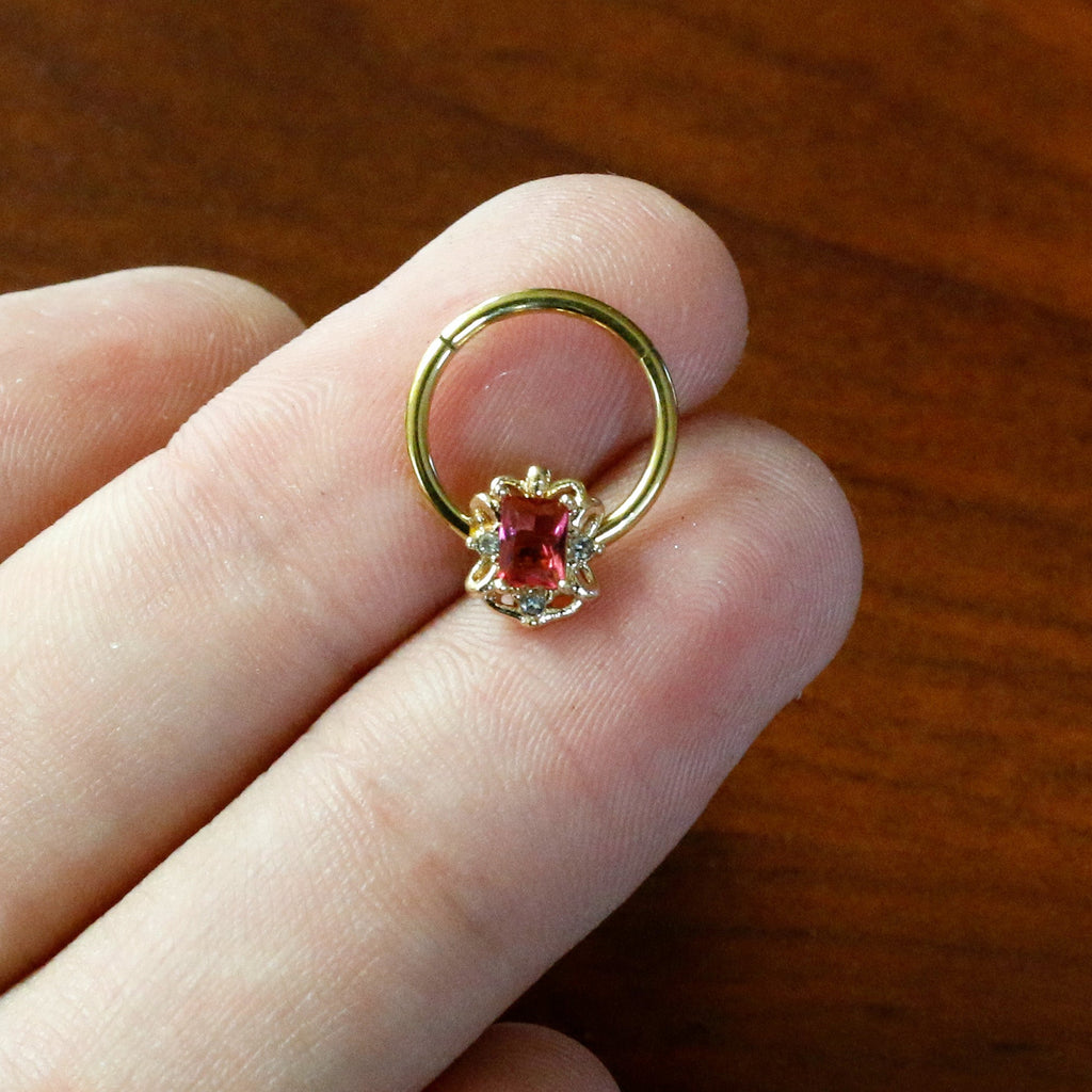 BodyCandy 16G 3/8 Clear Pink Gem Gold Tone Open Oblong Hinged Segment Ring — back view