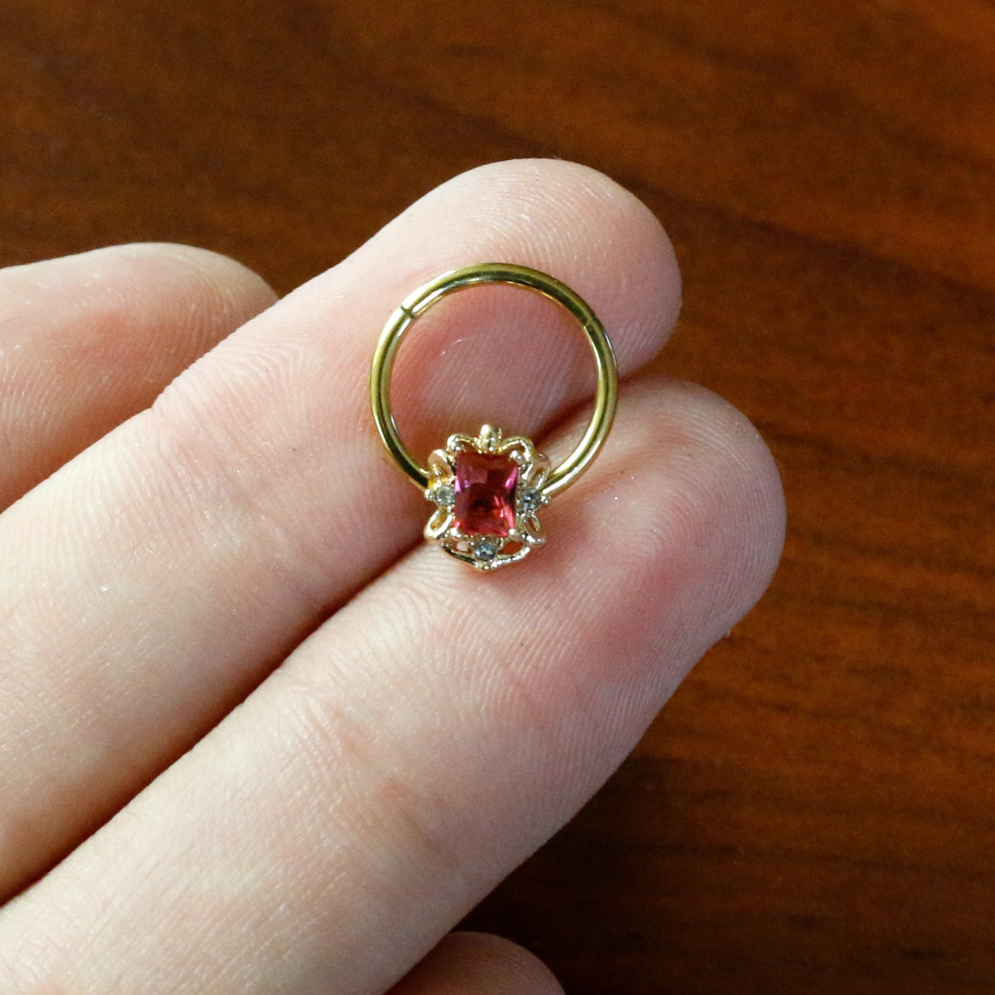 BodyCandy 16G 3/8 Clear Pink Gem Gold Tone Open Oblong Hinged Segment Ring — back view