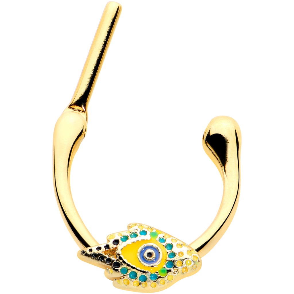 BodyCandy 16G 3/8 Gold Tone Bold Peacock Feather Cartilage Clicker — detail close-up