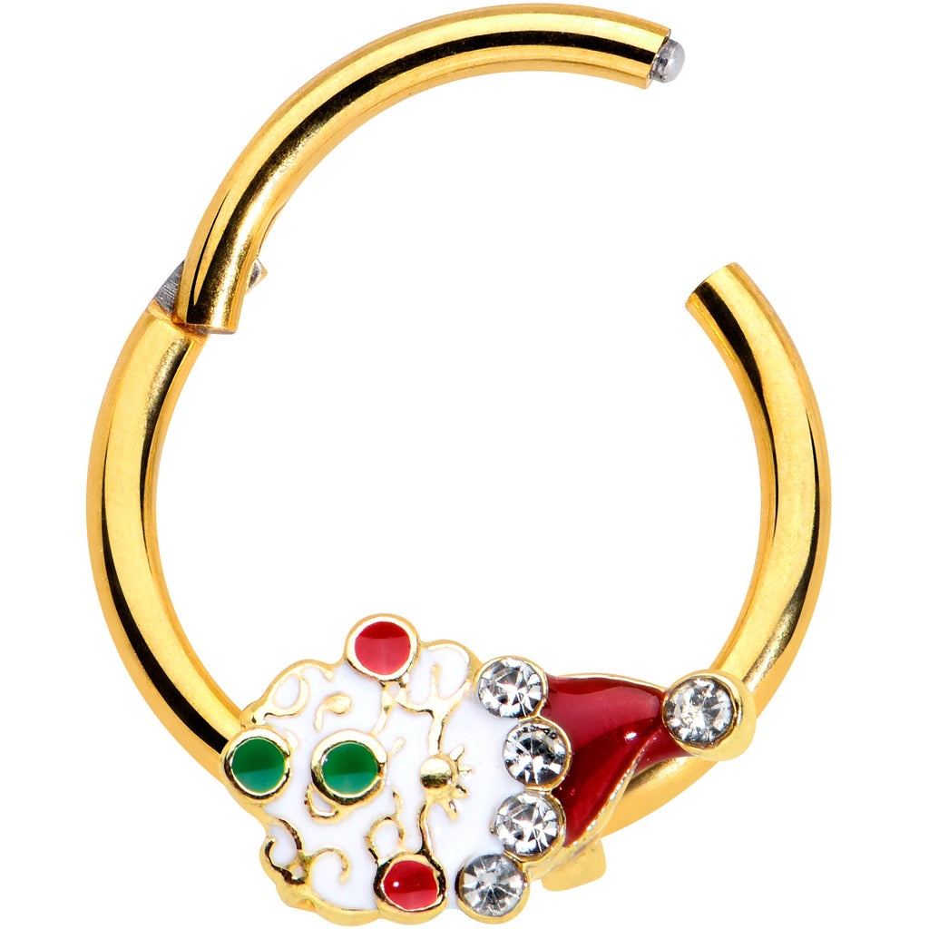 BodyCandy 16G 3/8 Clear Gold Hue Deco Santa Christmas Hinged Segment Ring — detail close-up