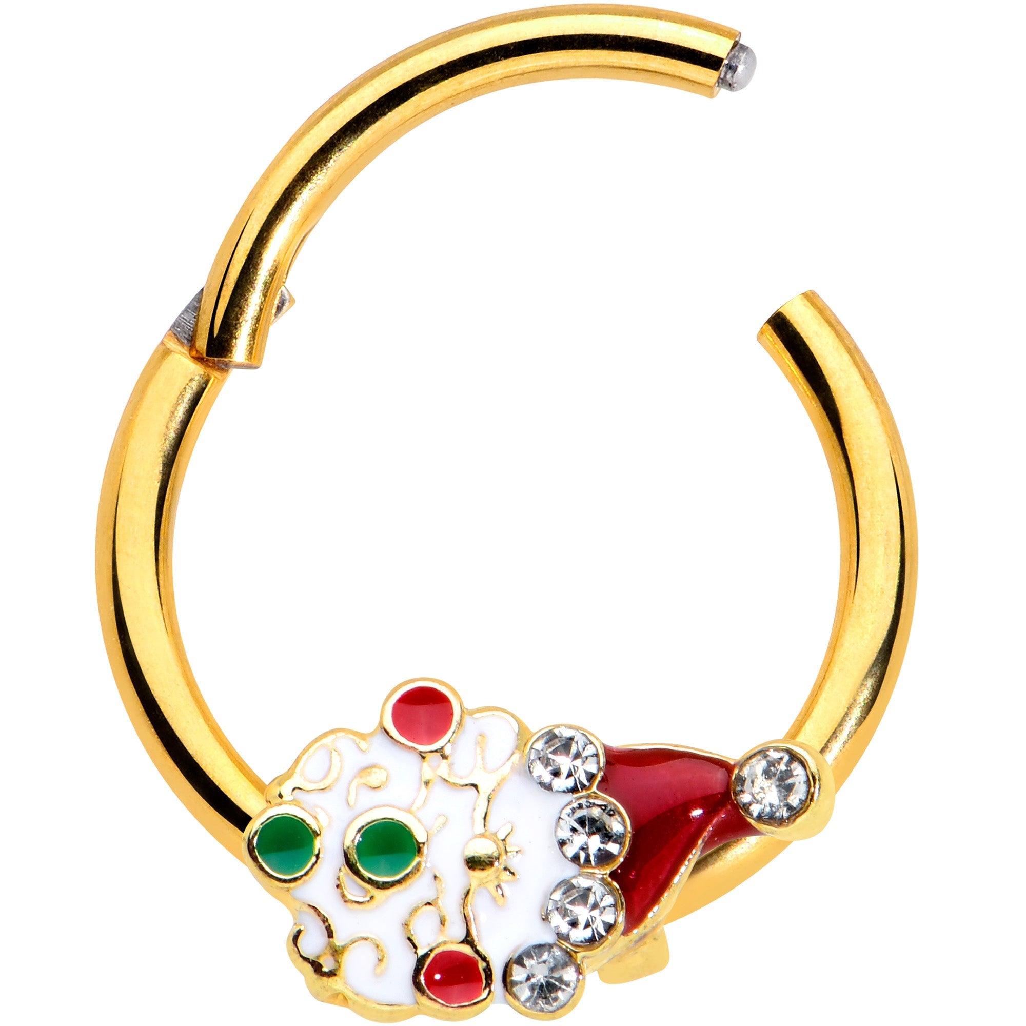 BodyCandy 16G 3/8 Clear Gold Hue Deco Santa Christmas Hinged Segment Ring — detail close-up