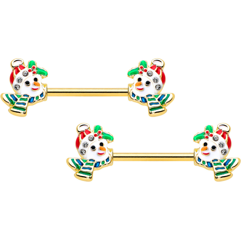 BodyCandy 14G 9/16 Clear Gem Gold Tone Snowman Christmas Nipple Ring Set — main product shot