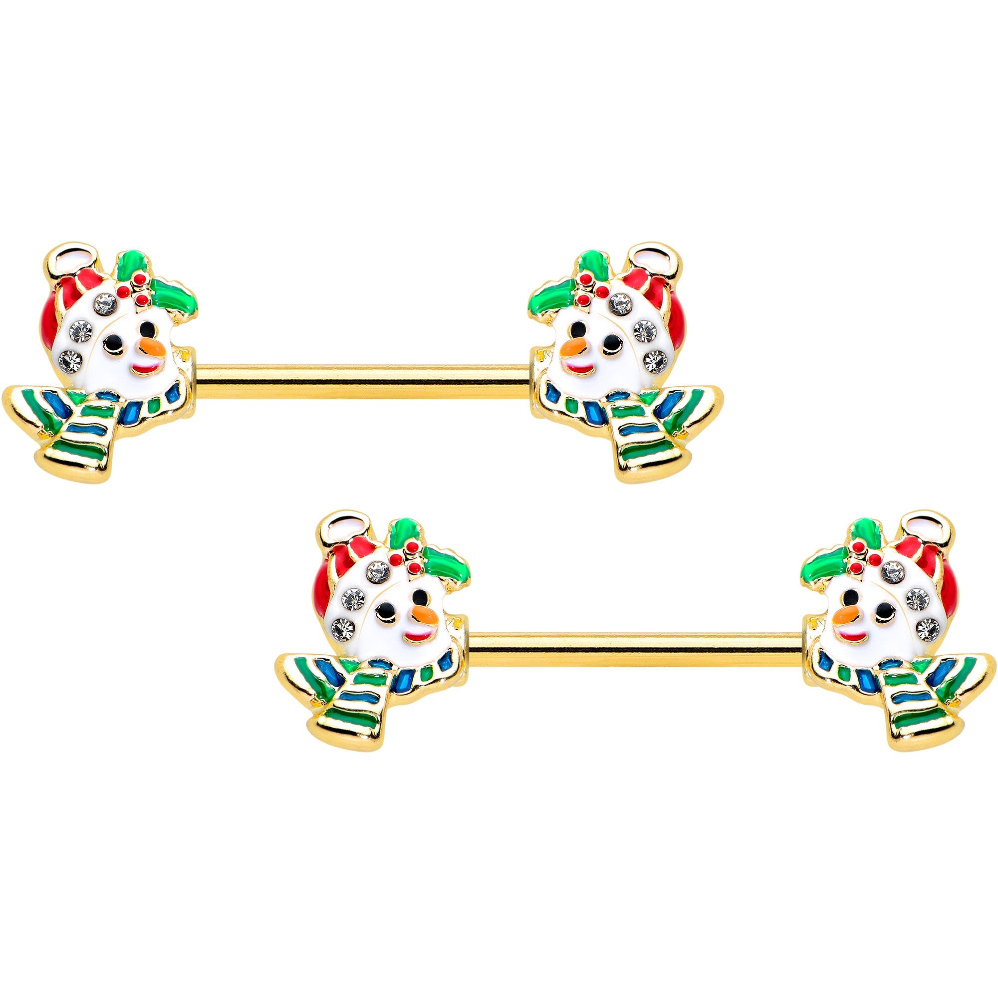 BodyCandy 14G 9/16 Clear Gem Gold Tone Snowman Christmas Nipple Ring Set — main product shot