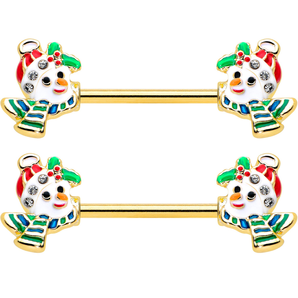 BodyCandy 14G 9/16 Clear Gem Gold Tone Snowman Christmas Nipple Ring Set — detail close-up