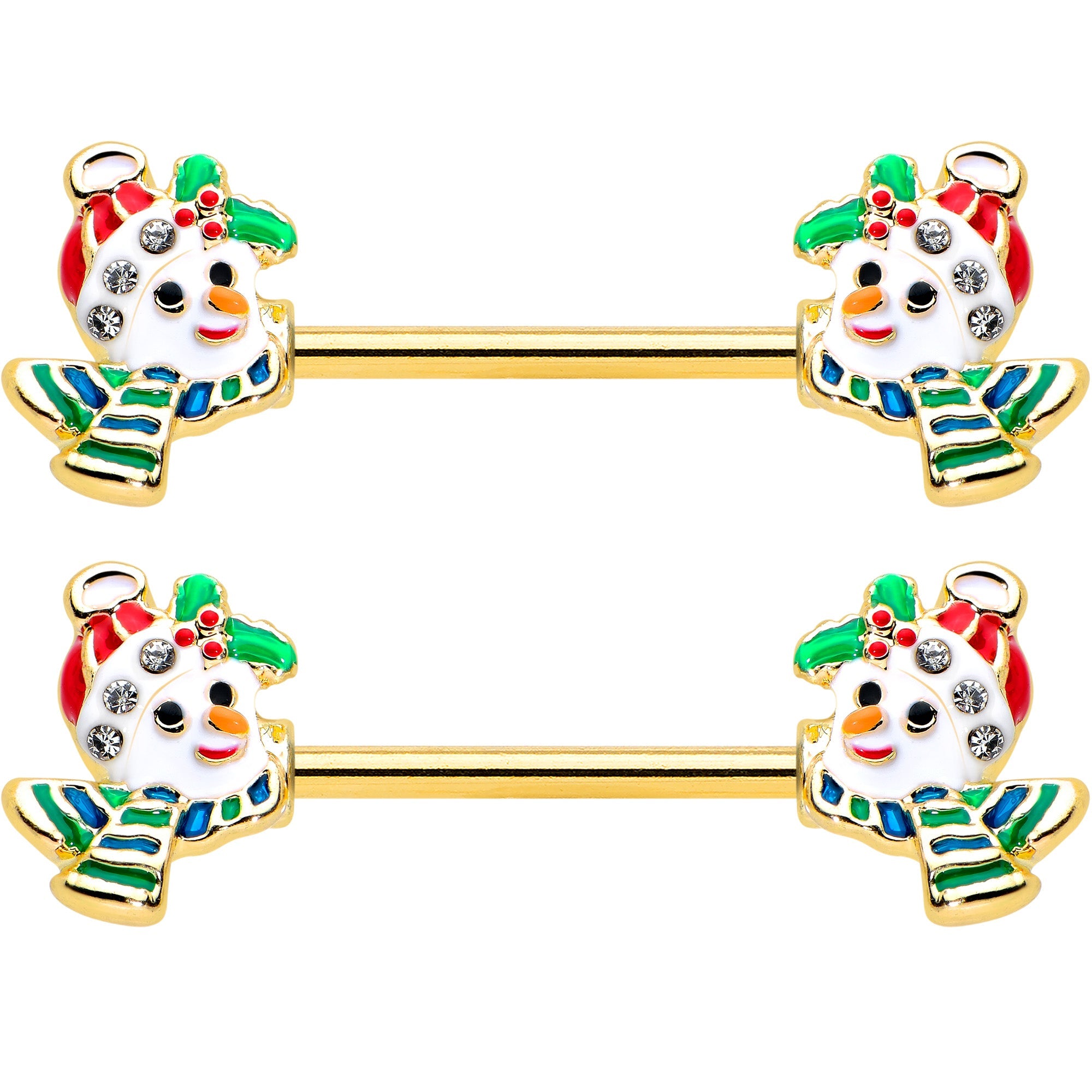 BodyCandy 14G 9/16 Clear Gem Gold Tone Snowman Christmas Nipple Ring Set — detail close-up