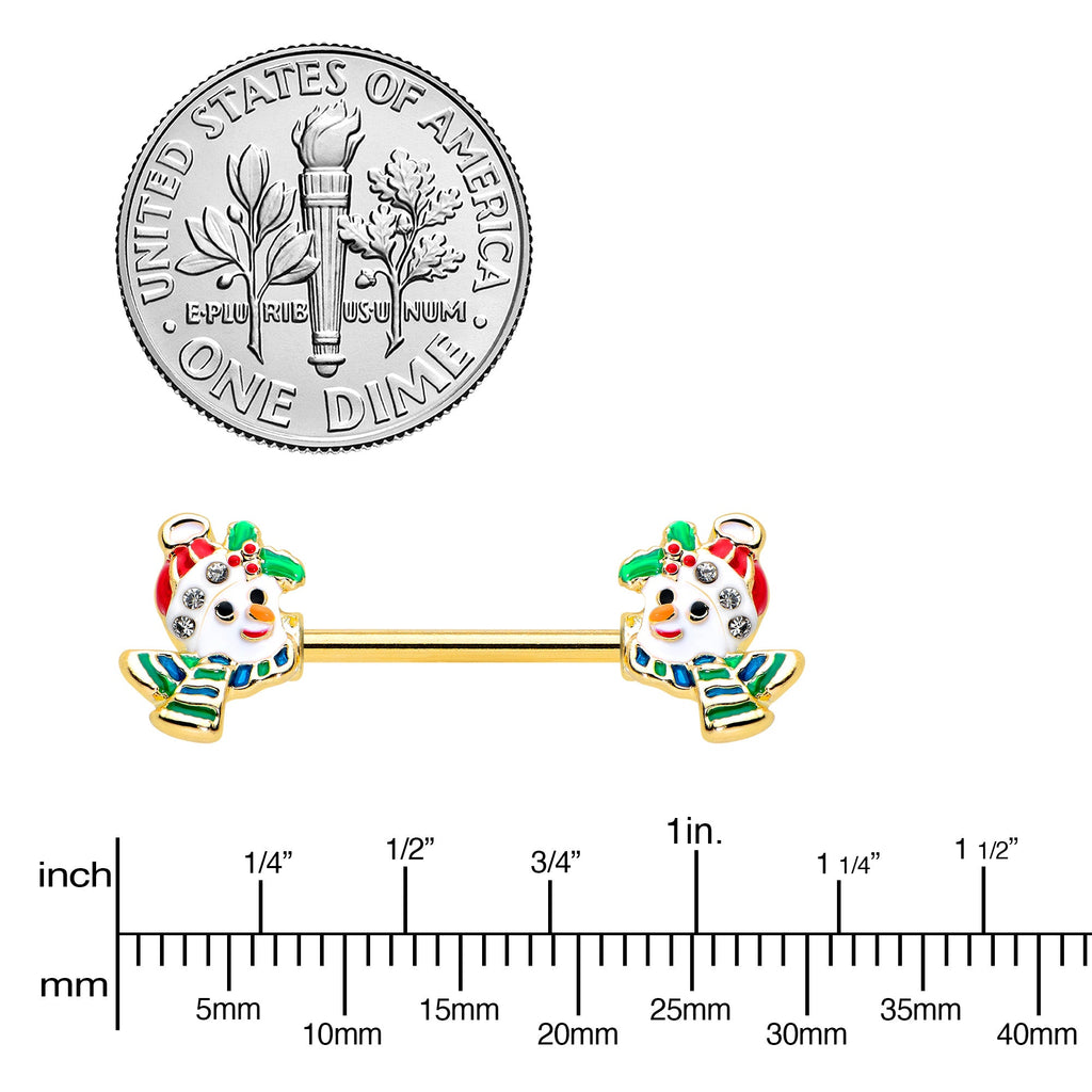 BodyCandy 14G 9/16 Clear Gem Gold Tone Snowman Christmas Nipple Ring Set — lifestyle context