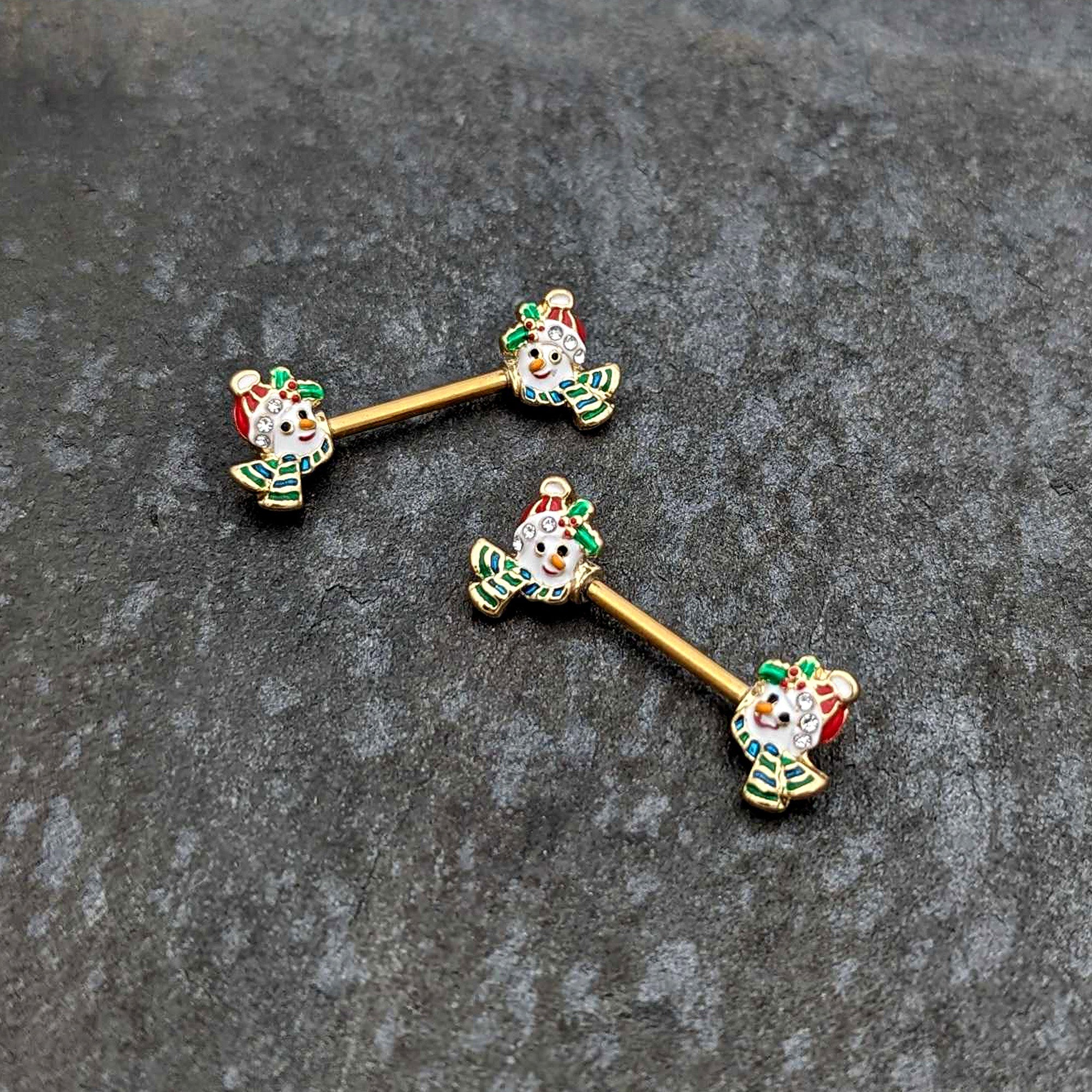 BodyCandy 14G 9/16 Clear Gem Gold Tone Snowman Christmas Nipple Ring Set — side view