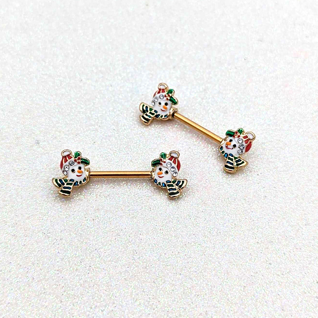 BodyCandy 14G 9/16 Clear Gem Gold Tone Snowman Christmas Nipple Ring Set — back view