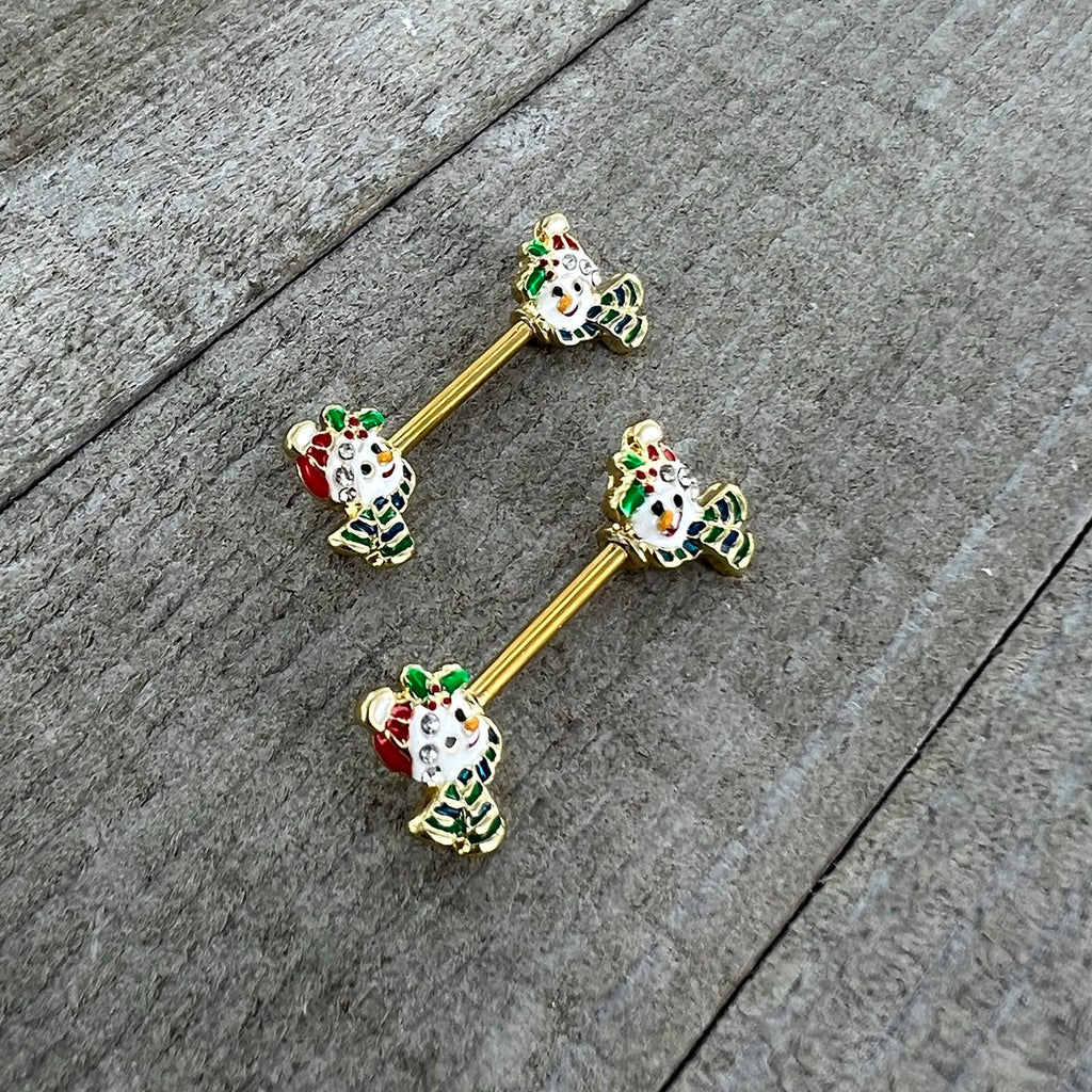 BodyCandy 14G 9/16 Clear Gem Gold Tone Snowman Christmas Nipple Ring Set — alternative angle