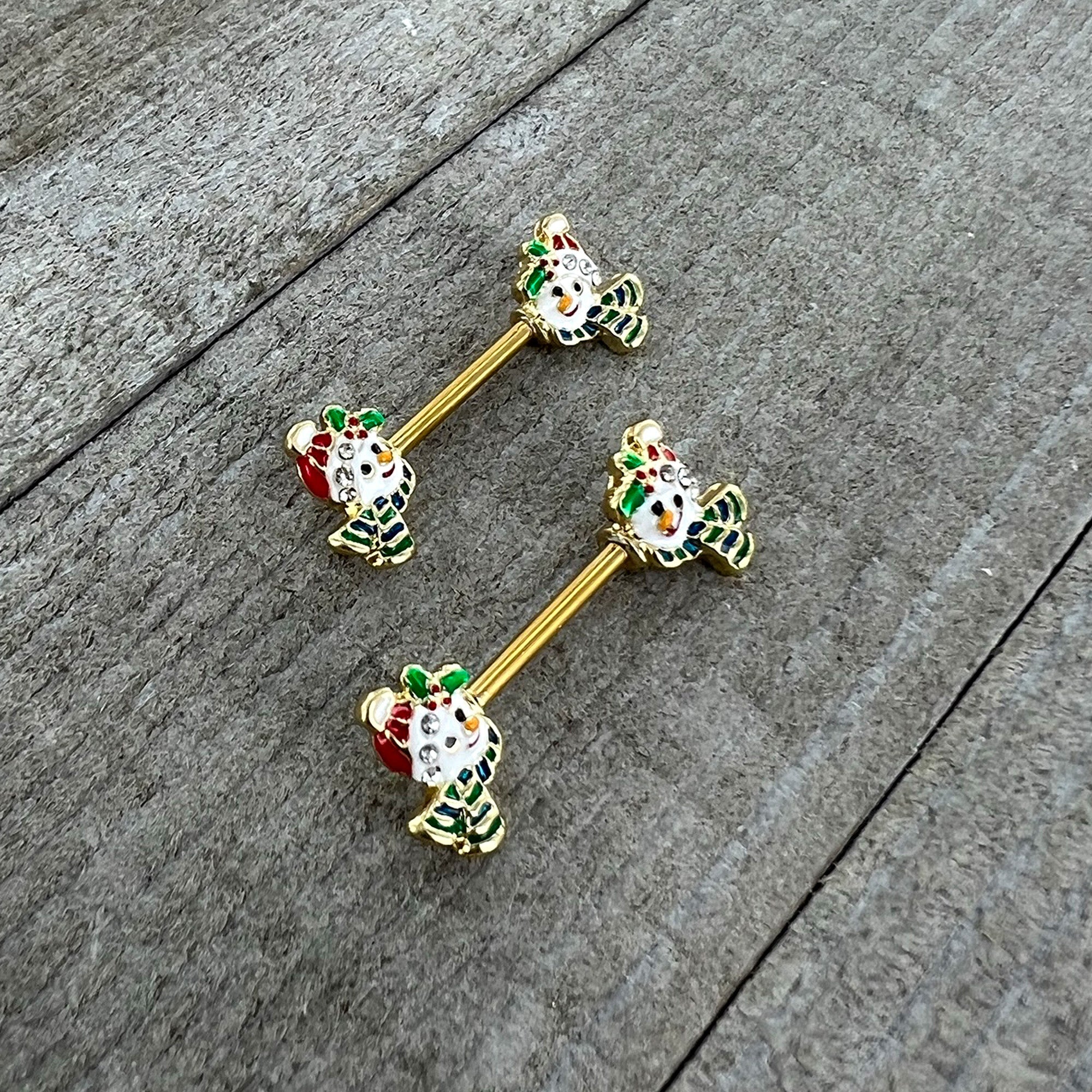 BodyCandy 14G 9/16 Clear Gem Gold Tone Snowman Christmas Nipple Ring Set — alternative angle