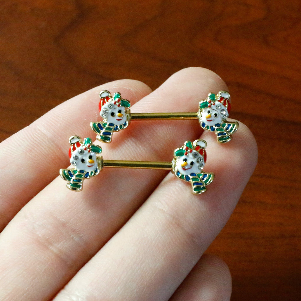 BodyCandy 14G 9/16 Clear Gem Gold Tone Snowman Christmas Nipple Ring Set — in-use photo