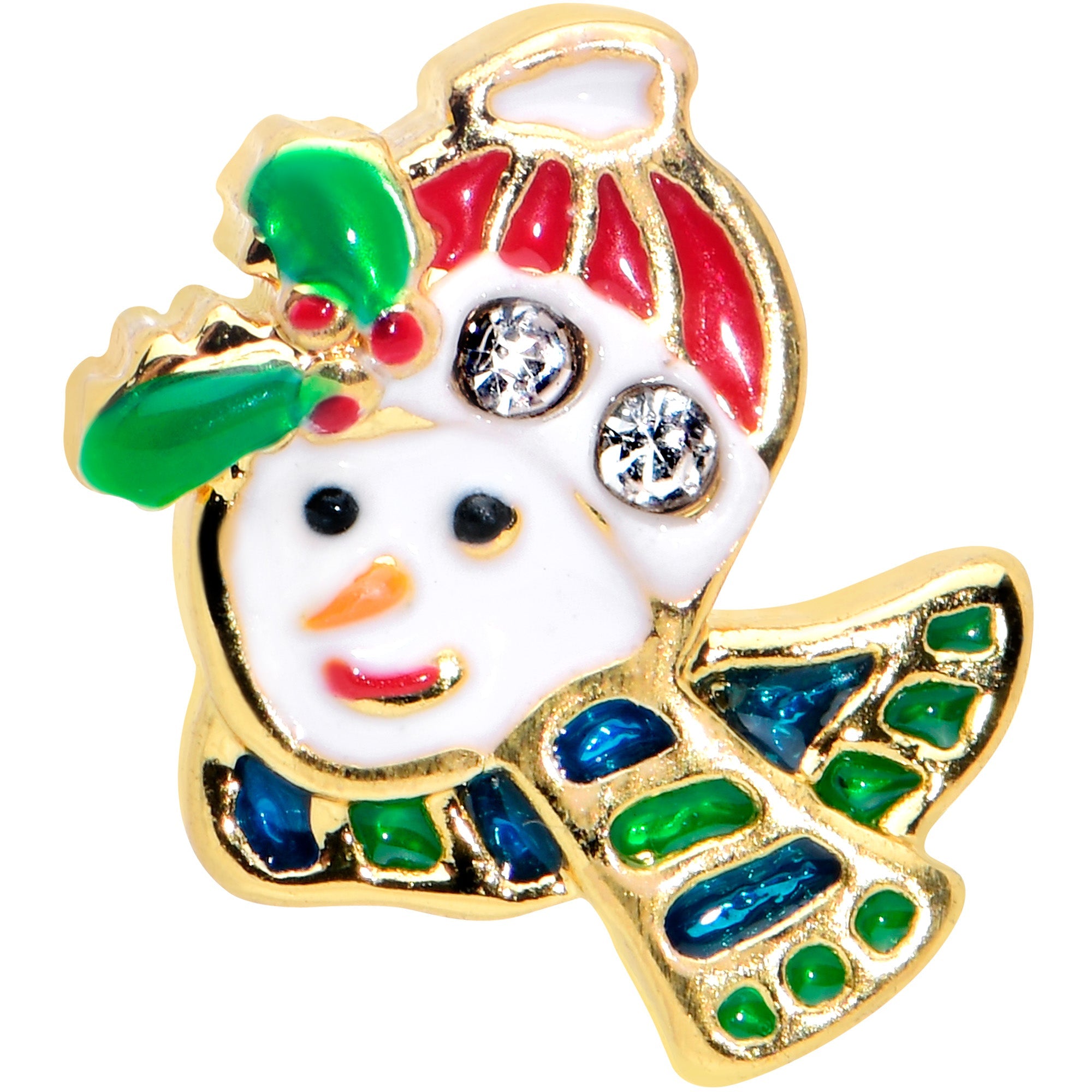 BodyCandy 16G 1/4 Clear Gem Gold Tone Happy Snowman Cartilage Tragus — detail close-up