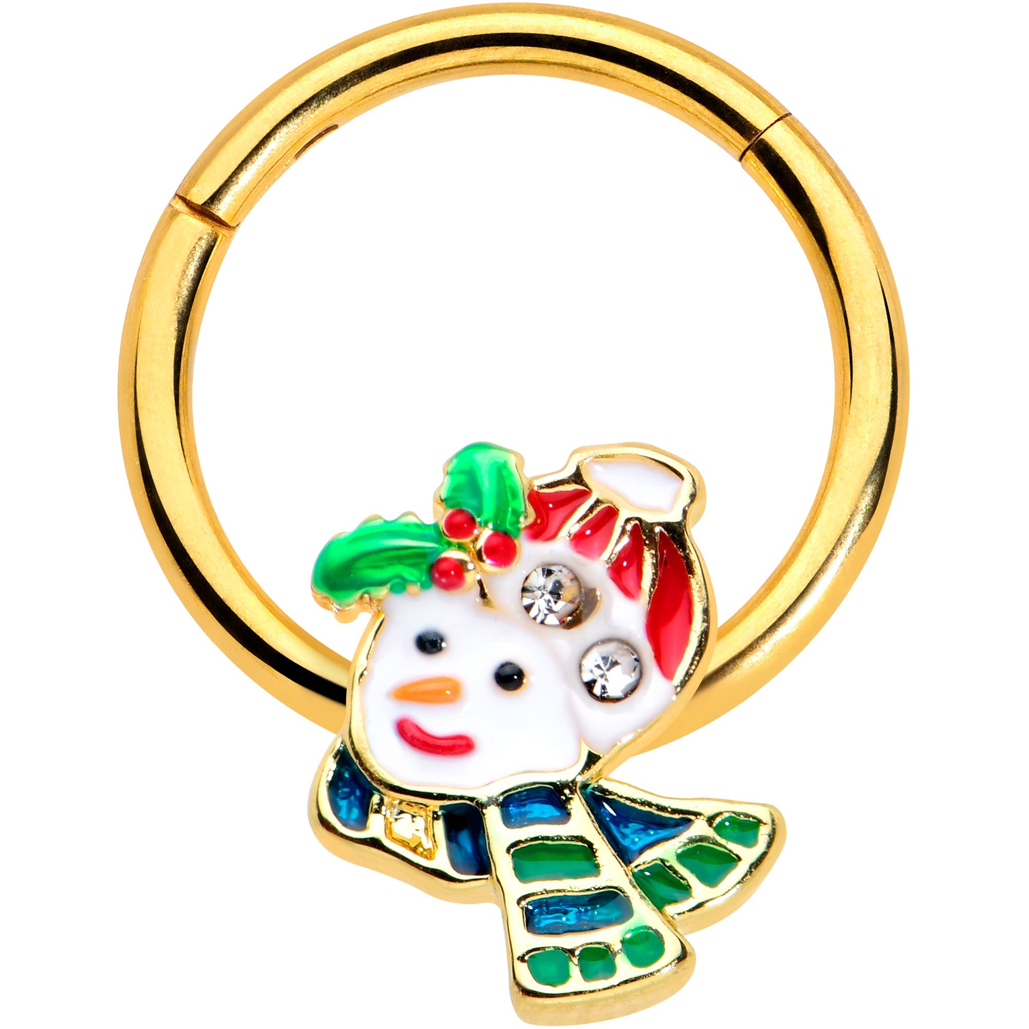 BodyCandy 16G 3/8 Clear Gem Gold Tone Happy Snowman Hinged Segment Ring — main product shot