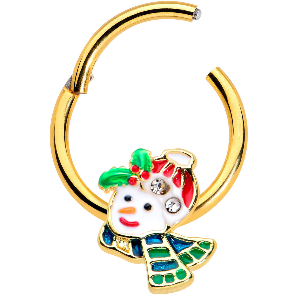 BodyCandy 16G 3/8 Clear Gem Gold Tone Happy Snowman Hinged Segment Ring — detail close-up