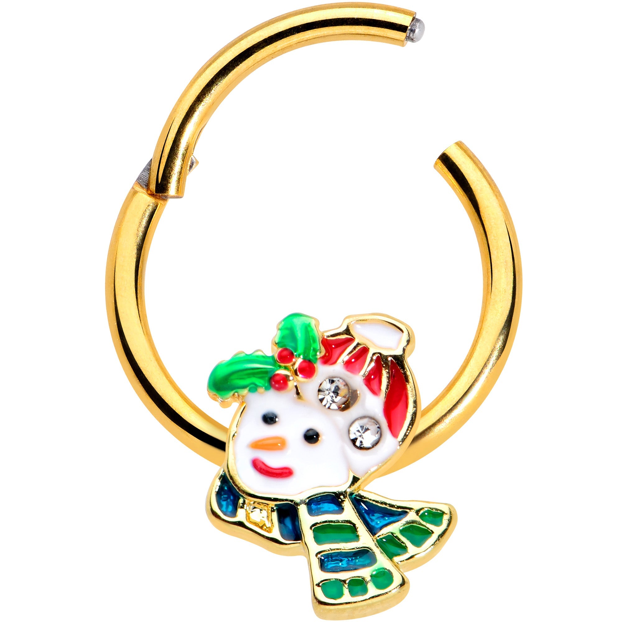 BodyCandy 16G 3/8 Clear Gem Gold Tone Happy Snowman Hinged Segment Ring — detail close-up