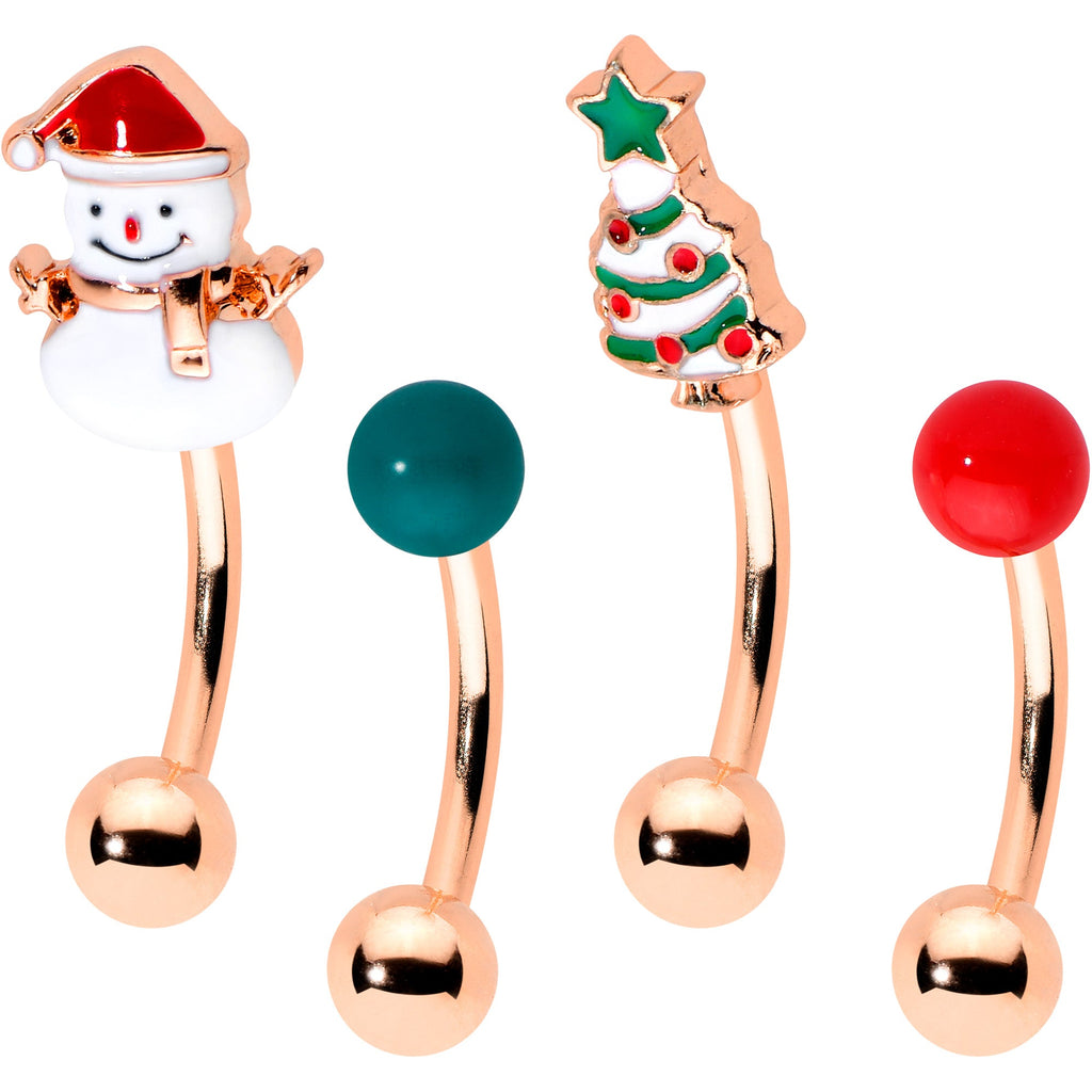 BodyCandy 16G 5/16 Rosy Hue Snowman Christmas Curved Eyebrow Ring Set of 4 — main product shot