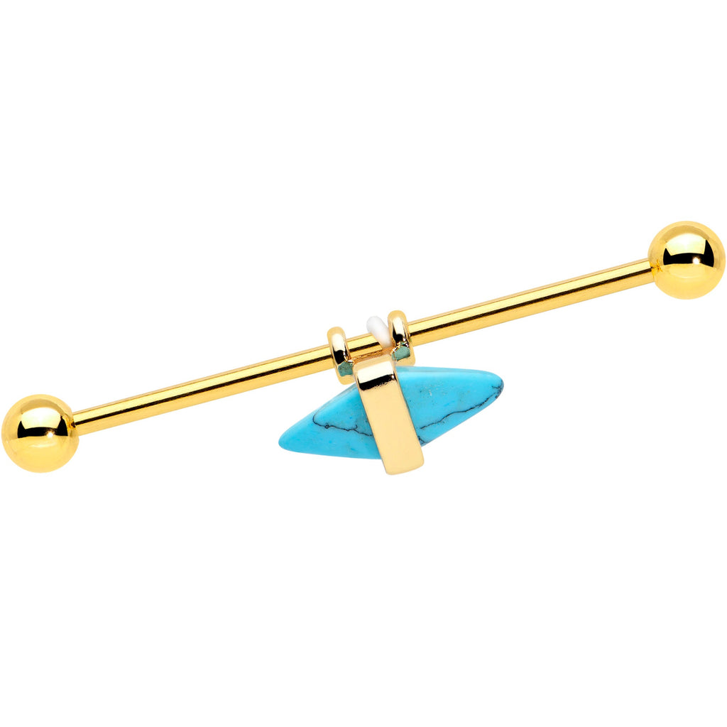 BodyCandy 14G Blue Faux Turquoise Gold Tone Stone Hippie Industrial Barbell 38mm — main product shot