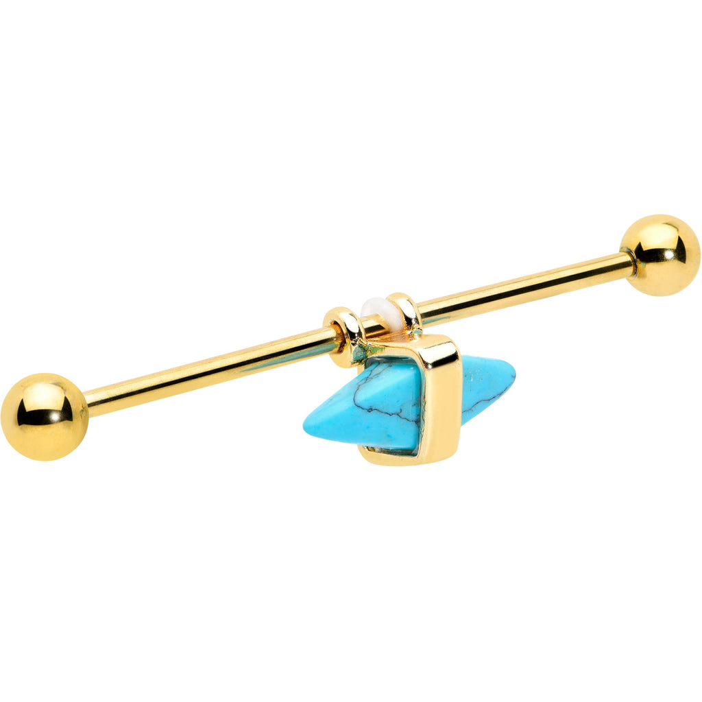 BodyCandy 14G Blue Faux Turquoise Gold Tone Stone Hippie Industrial Barbell 38mm — detail close-up