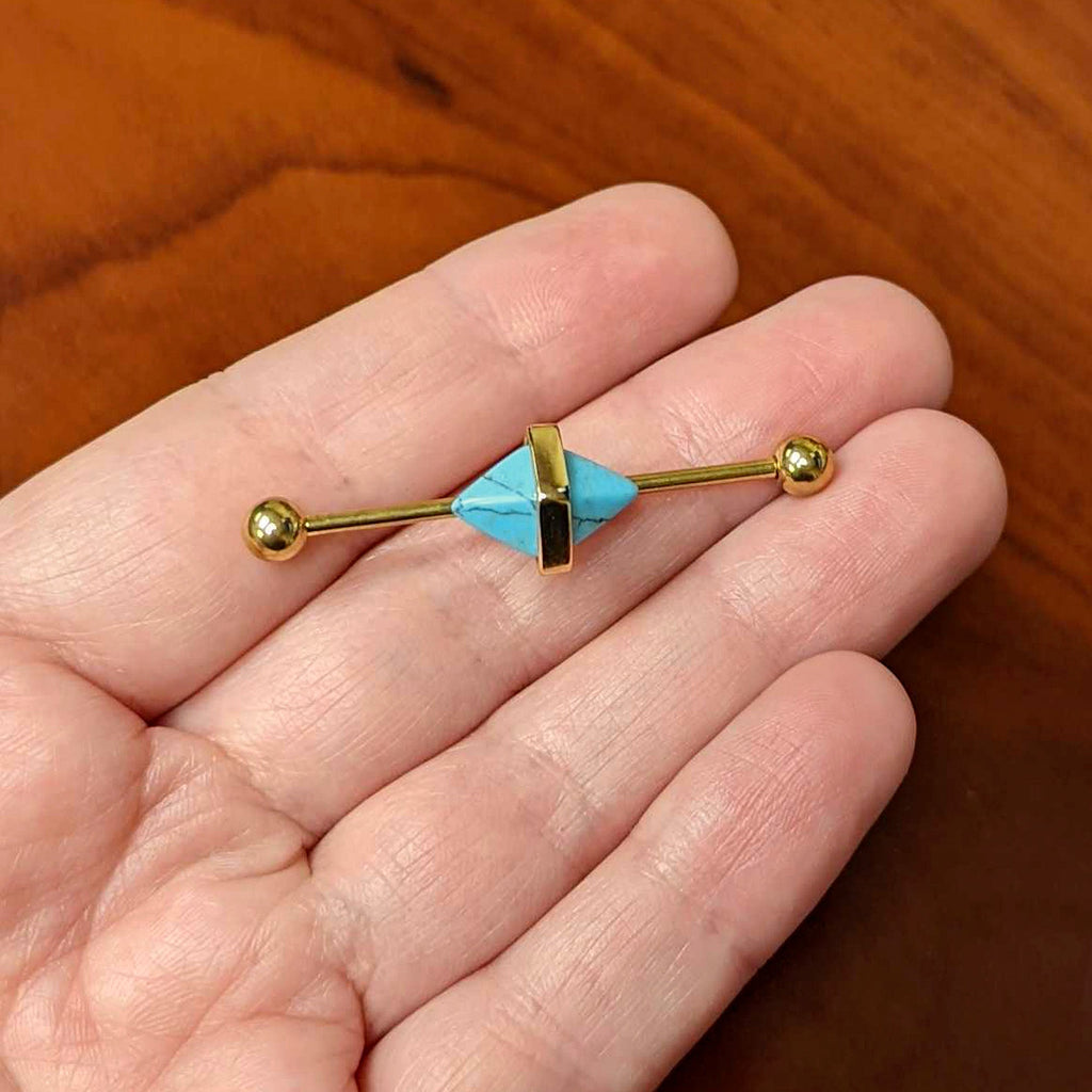 BodyCandy 14G Blue Faux Turquoise Gold Tone Stone Hippie Industrial Barbell 38mm — side view