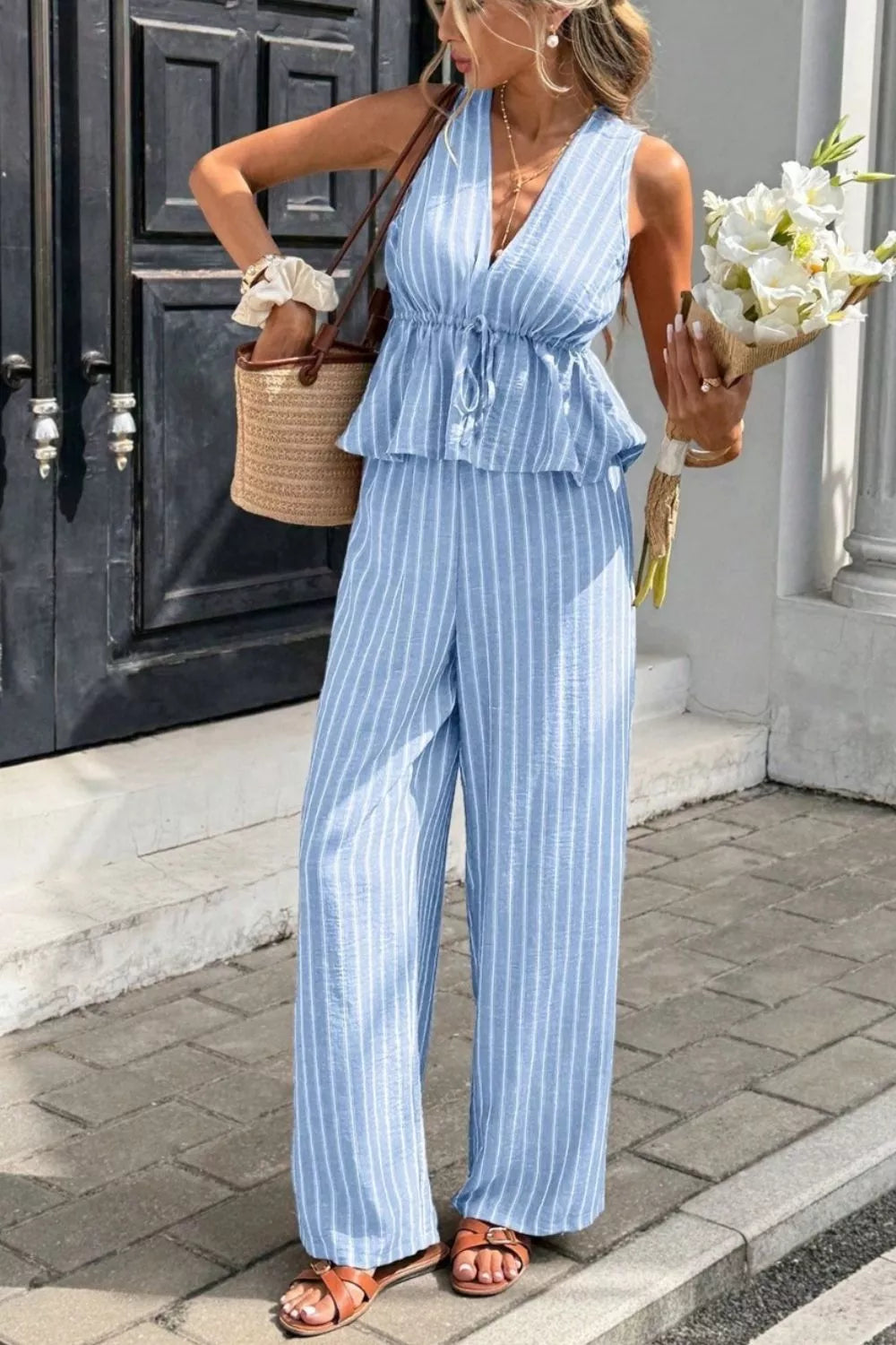 Striped Sleeveless Top and Wide Leg Pants Set