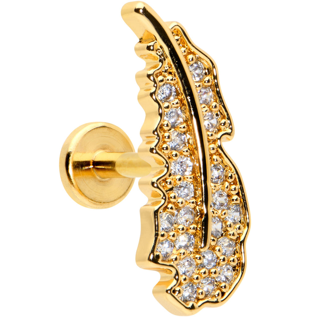BodyCandy 16G 1/4 Clear CZ Gold Hue Feather Internal Threaded Labret Tragus — main product shot