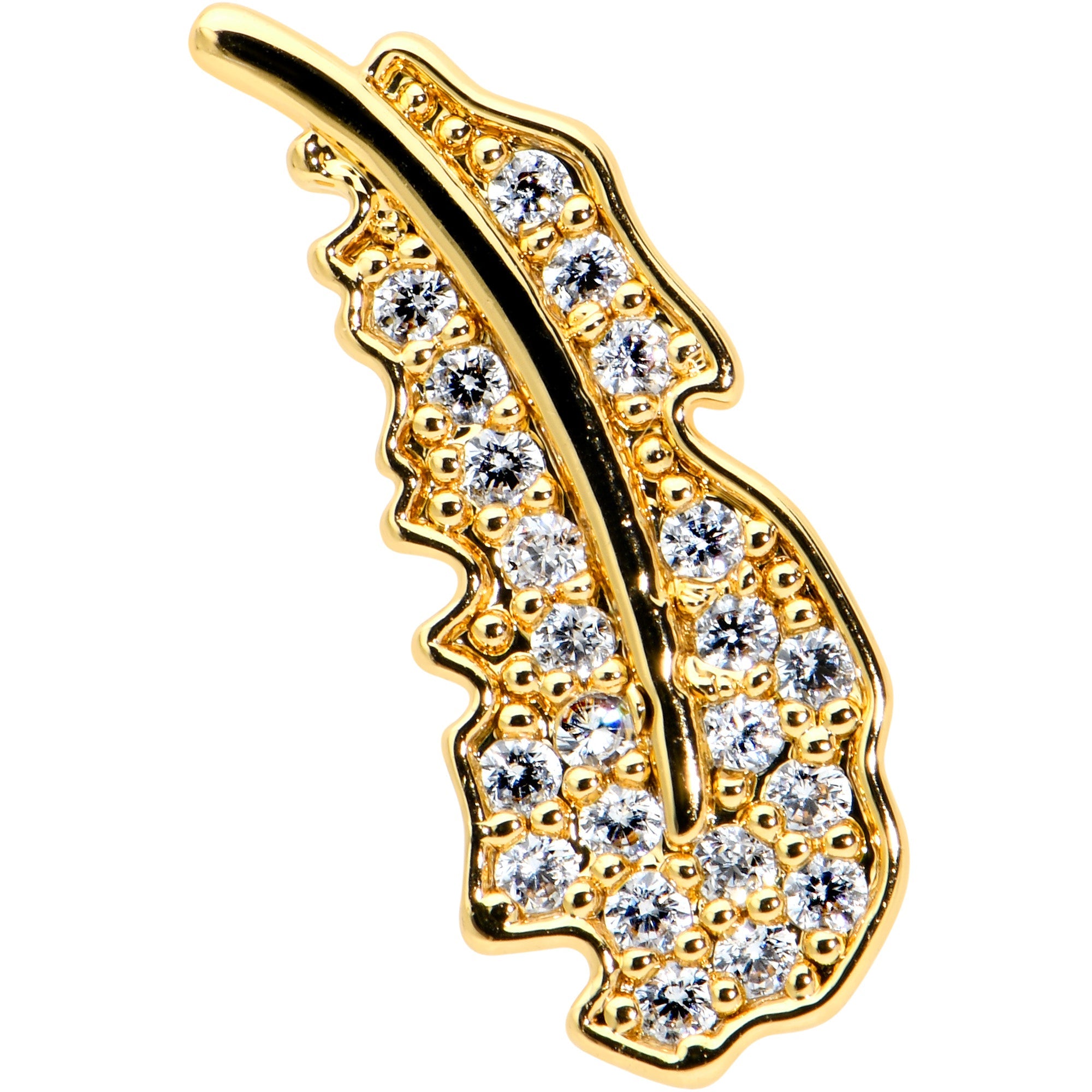 BodyCandy 16G 1/4 Clear CZ Gold Hue Feather Internal Threaded Labret Tragus — detail close-up