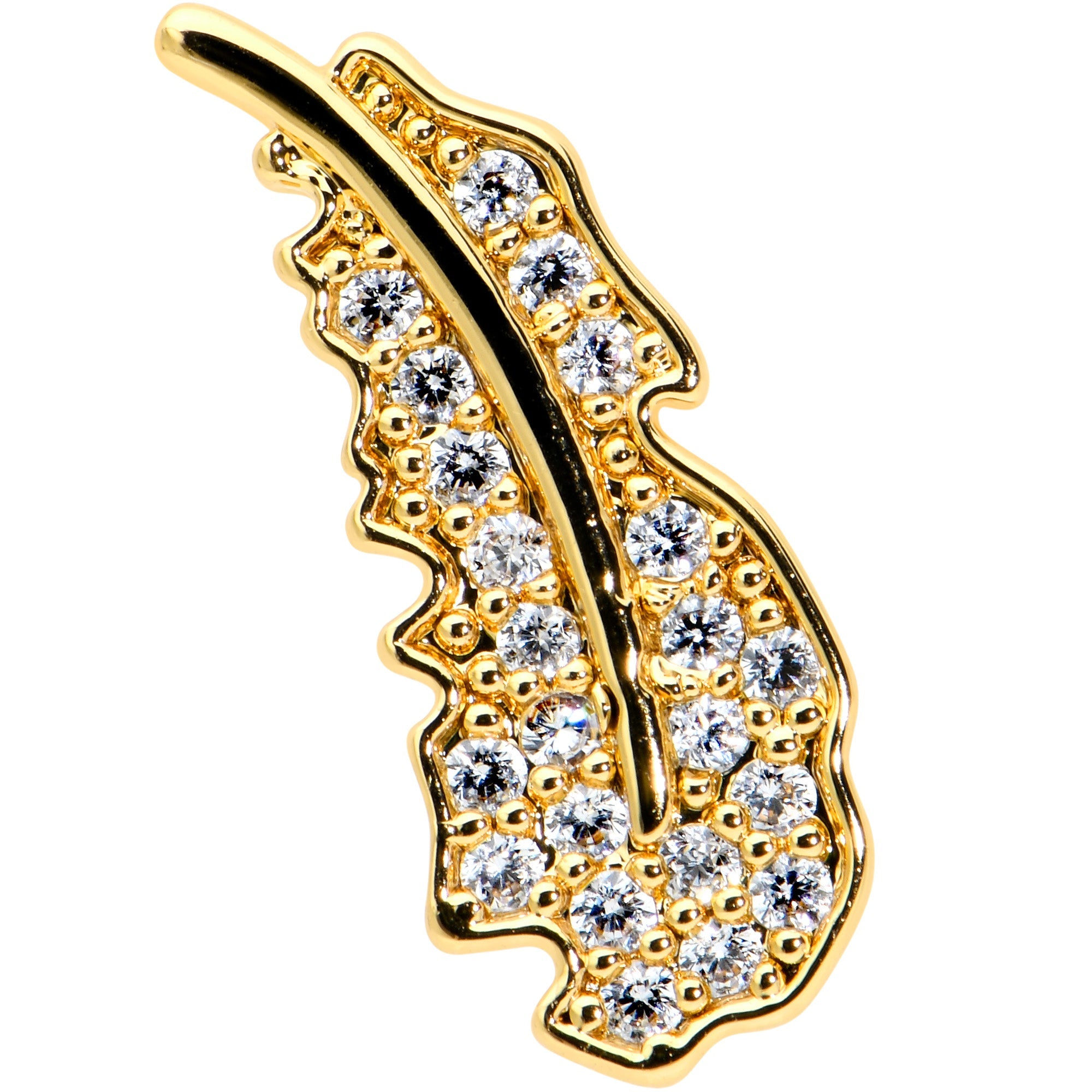 BodyCandy 16G 5/16 Clear CZ Gem Gold Hue Feather Internal Thread Labret Tragus — detail close-up